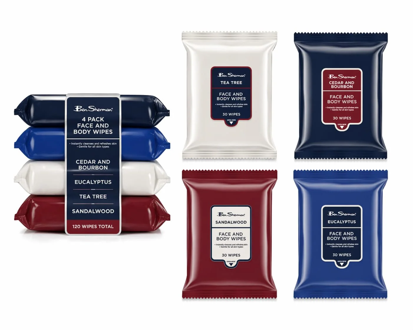 Trendy Ben Sherman Men's Face Wipes - 4 Pack 120 Total Cleansing Wipes for Men with Cedar Bourban Eucalyptus Tea Tree Sandalwood