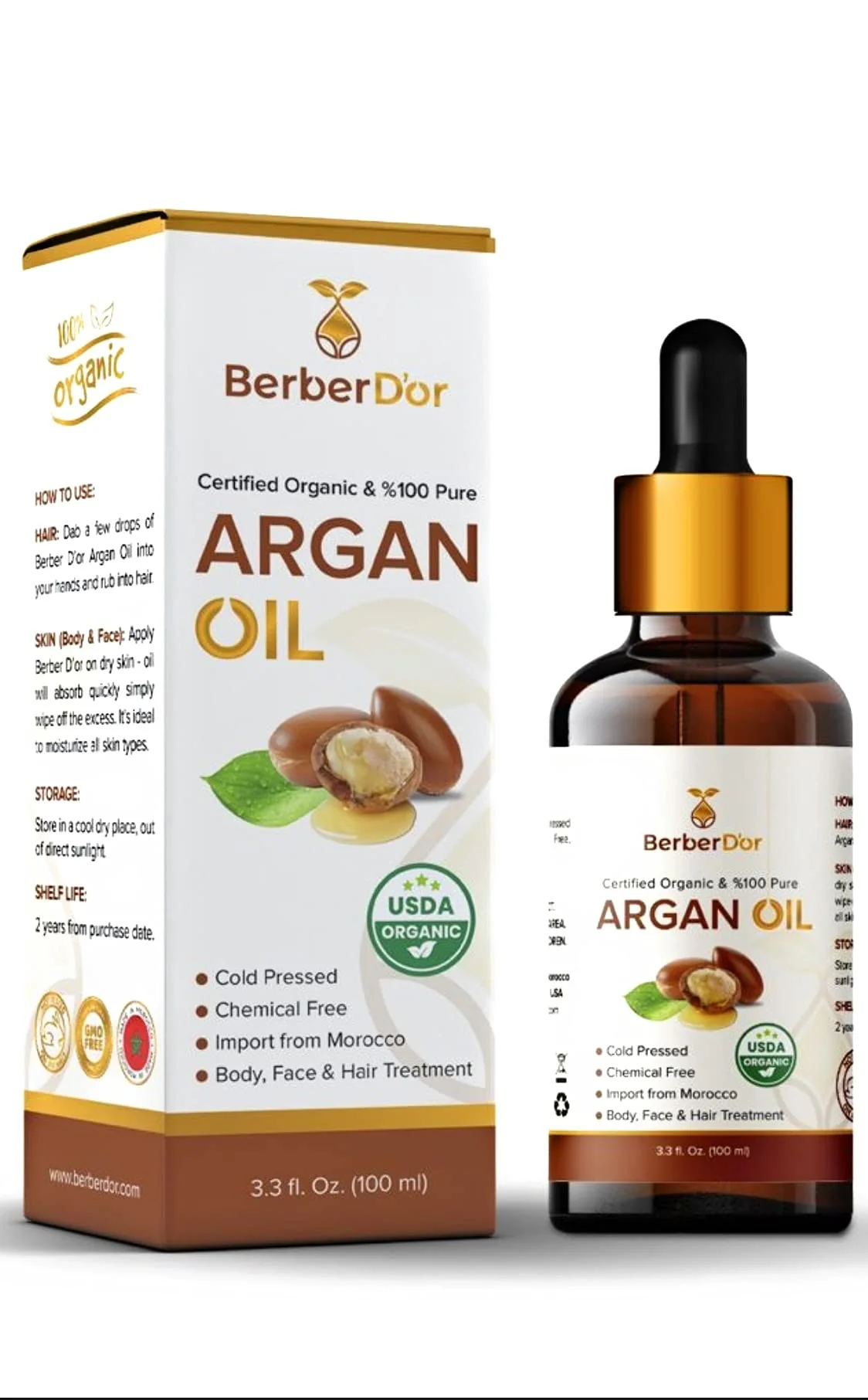 Easy-to-Use Berber D Or 100 Pure Natural Organic Argan Oil For Body Hair Face Nails Eco- USDA Import From Morocco 3.4 FL OZ 100 ML Sustainable