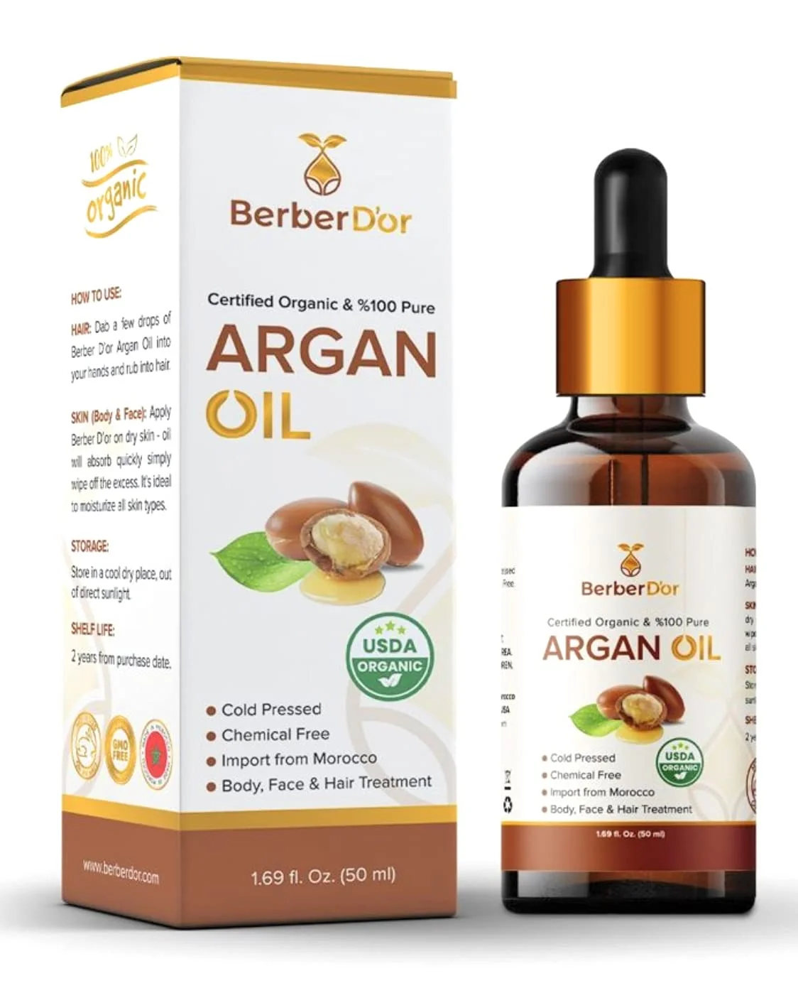 Healthy Berber D Or 100 Pure Natural Organic Argan Oil For Body Hair Face Nails Eco- USDA Import From Morocco 1.7 FL OZ 50 ML Detailed