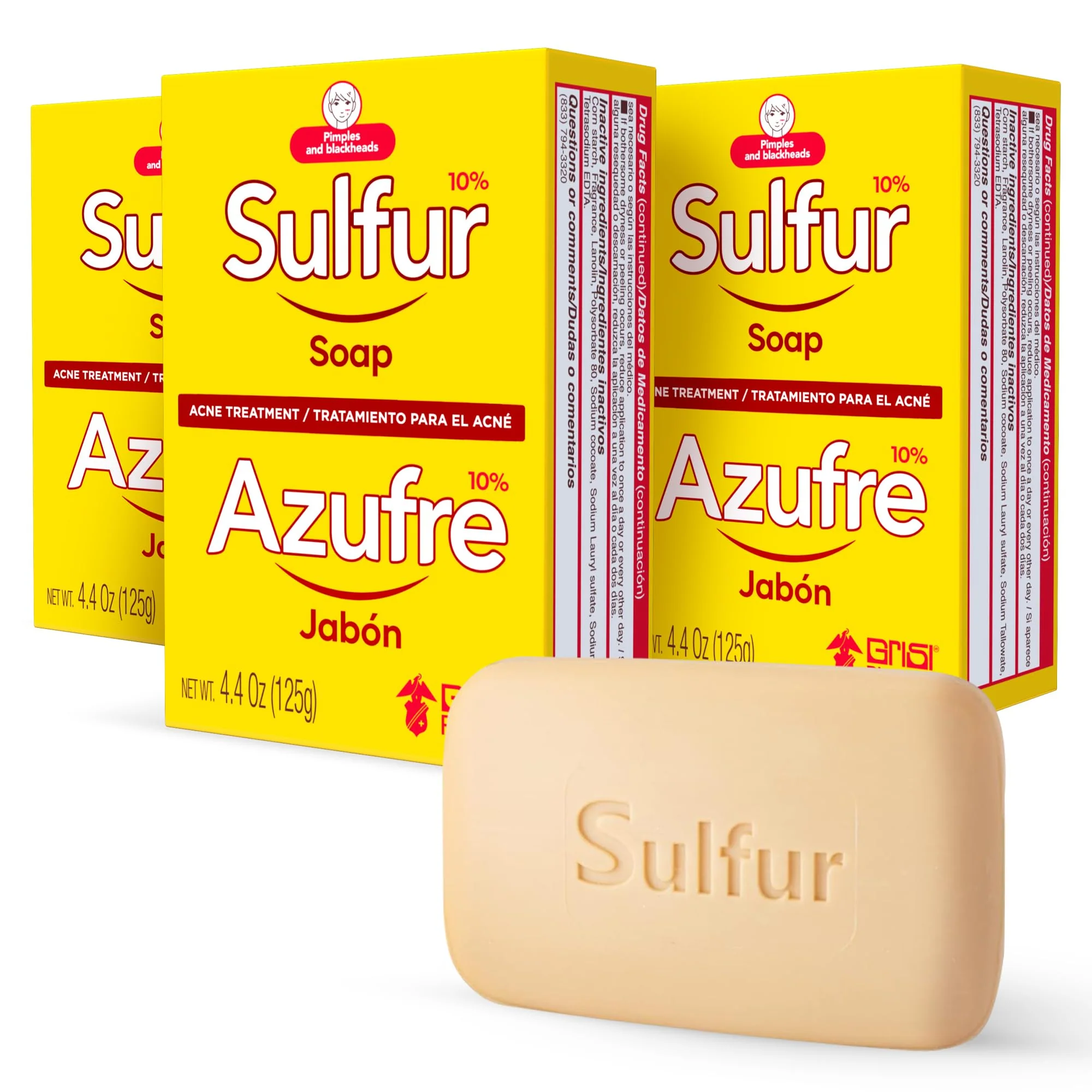 Authentic Biosulfur Grisi Acne Treatment Soap Deep Cleansing Acne-Fighting Reduces Inflammation Prevents Breakouts Blackheads Excess Oil Sulfur Soap Bar Effective