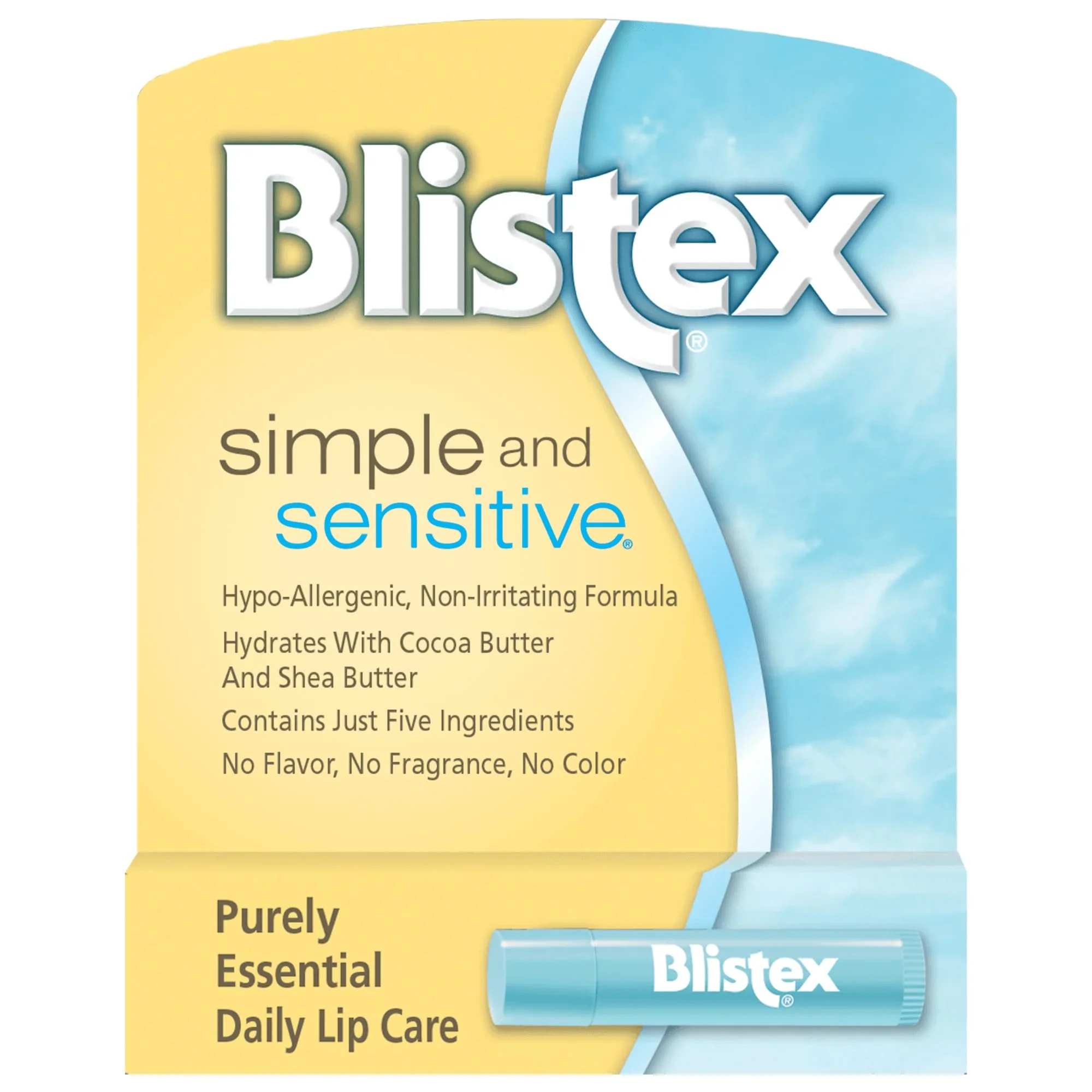 Fine Crafted Blistex Simple Sensitive Lip Balm 0.15 Ounce Tube - Hypo-Allergenic Unflavored Lip Balm Gentle Lip Moisturizer For Dry Lips Contains Shea Cocoa Detailed