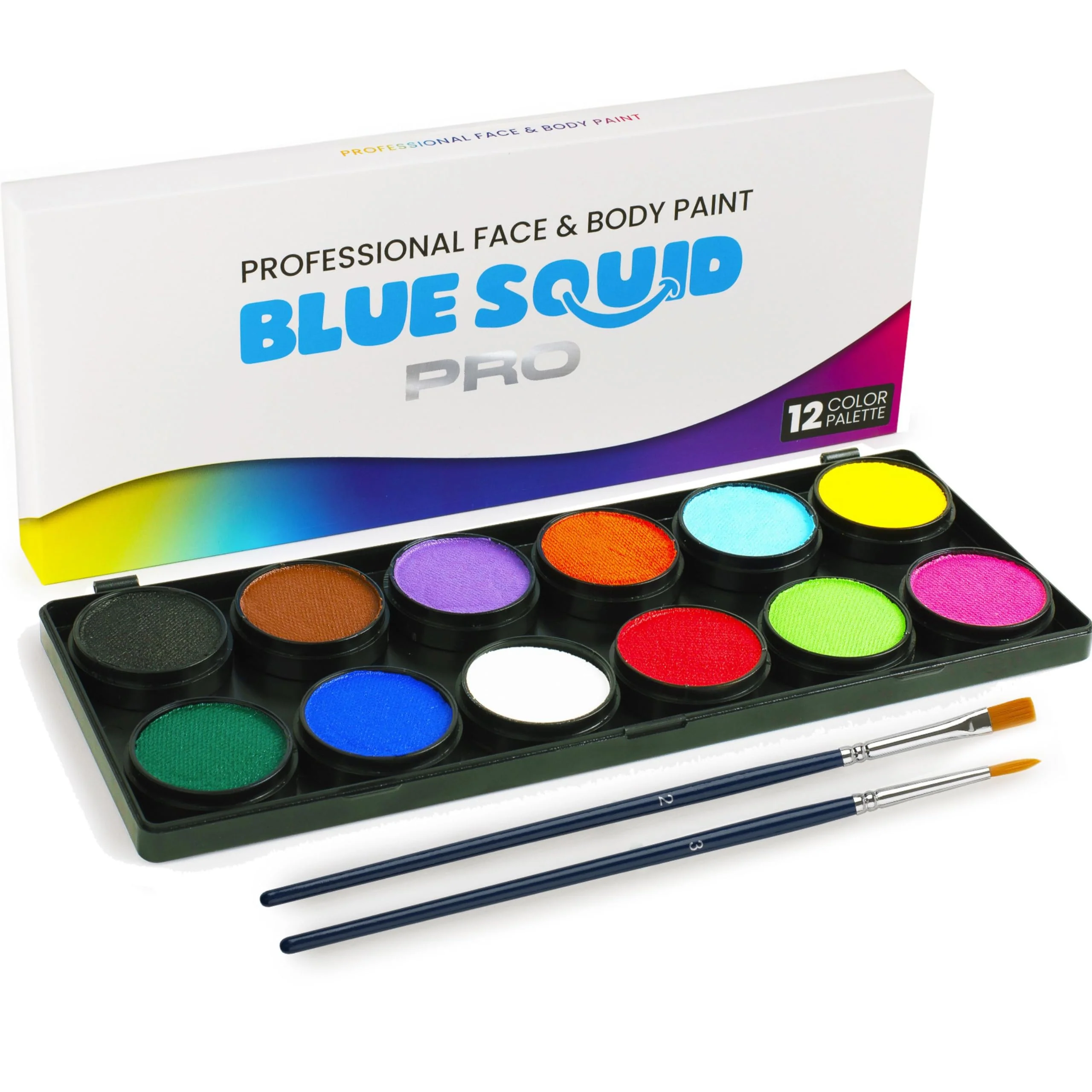 Environmentally Friendly Blue Squid PRO Professional Face Painting Kit - 12 Color Palette with 2 Brushes Face Body Paint Kits for Adults Kids - Safe Washable SFX Makeup Reliable