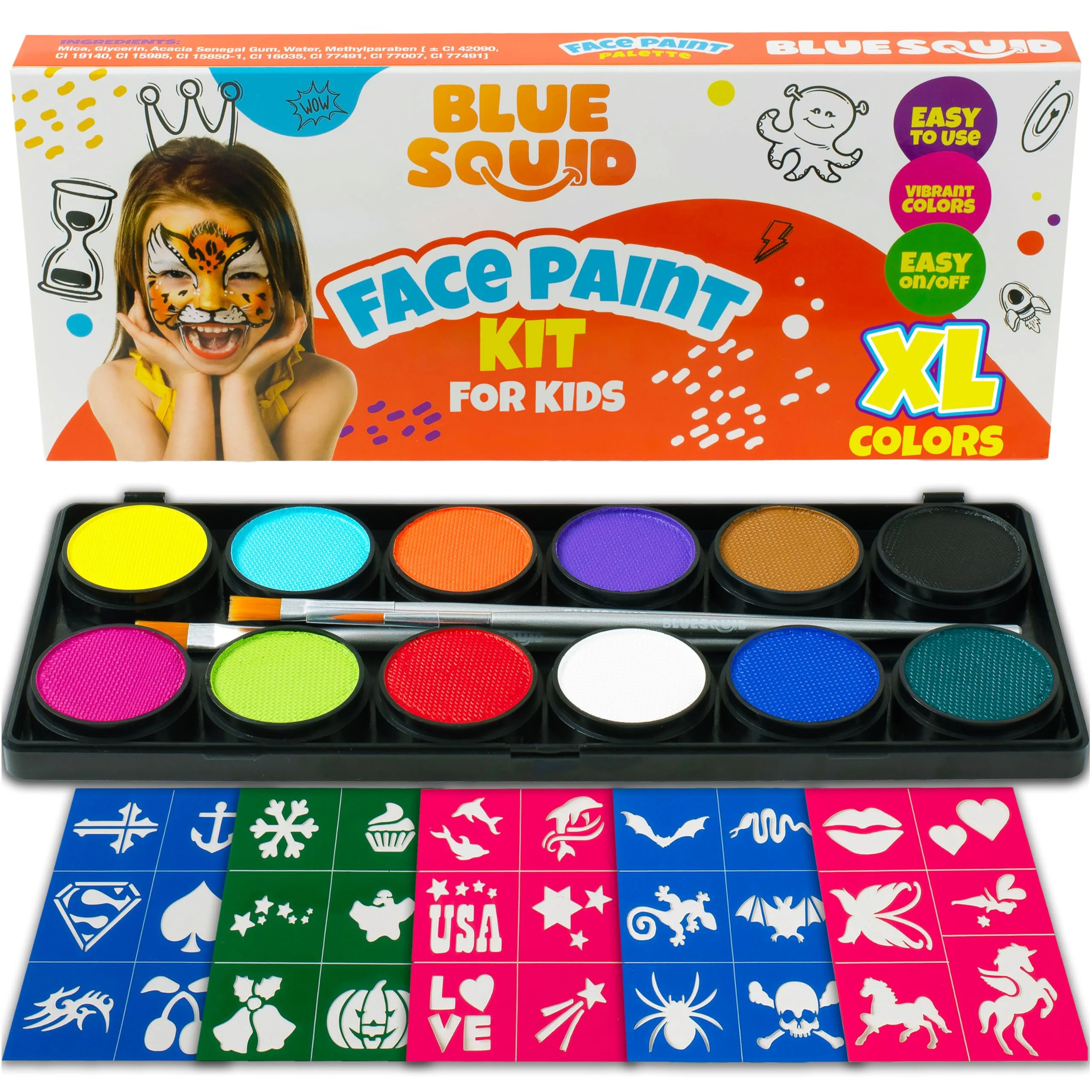 Soft Blue Squid Face Painting Kit for Kids - 120g 4.23oz Face Paint Kit Palette Stencils 12 Colors - Safe for Sensitive Skin Non Toxic Face Painting Kit Secure