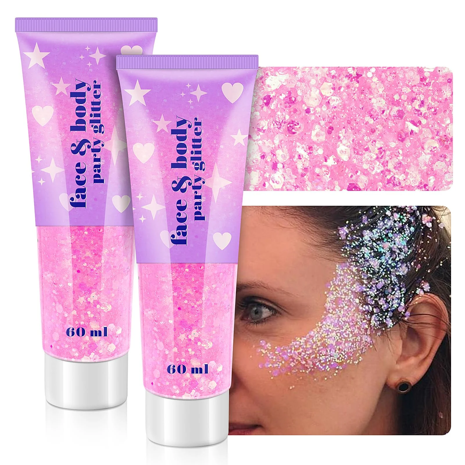 Outstanding Body Glitter Gel 2 Jars Face Glitter Gel Sequins Shimmer for Hair Lip Eyeshadow Nails Chunky and Powder Mixed Glitter Gel Holographic Cosmetic Expertly Made