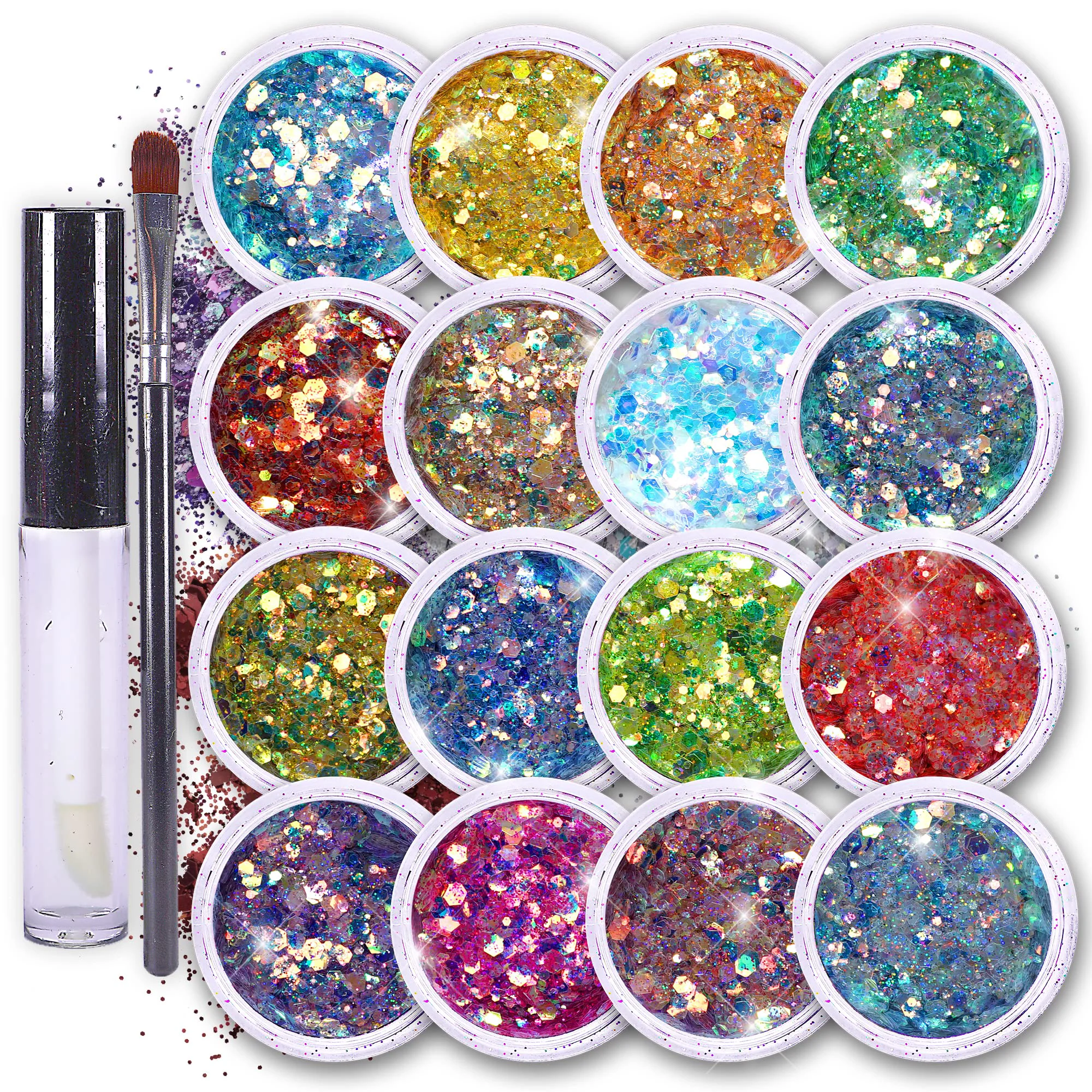 Environmentally Friendly Body Glitter Set for Face Hair - 16 Colors Fairy Tears Chunky Holographic Festival Glitter Makeup with Glue - Rave Concert Euphoria Looks Superior