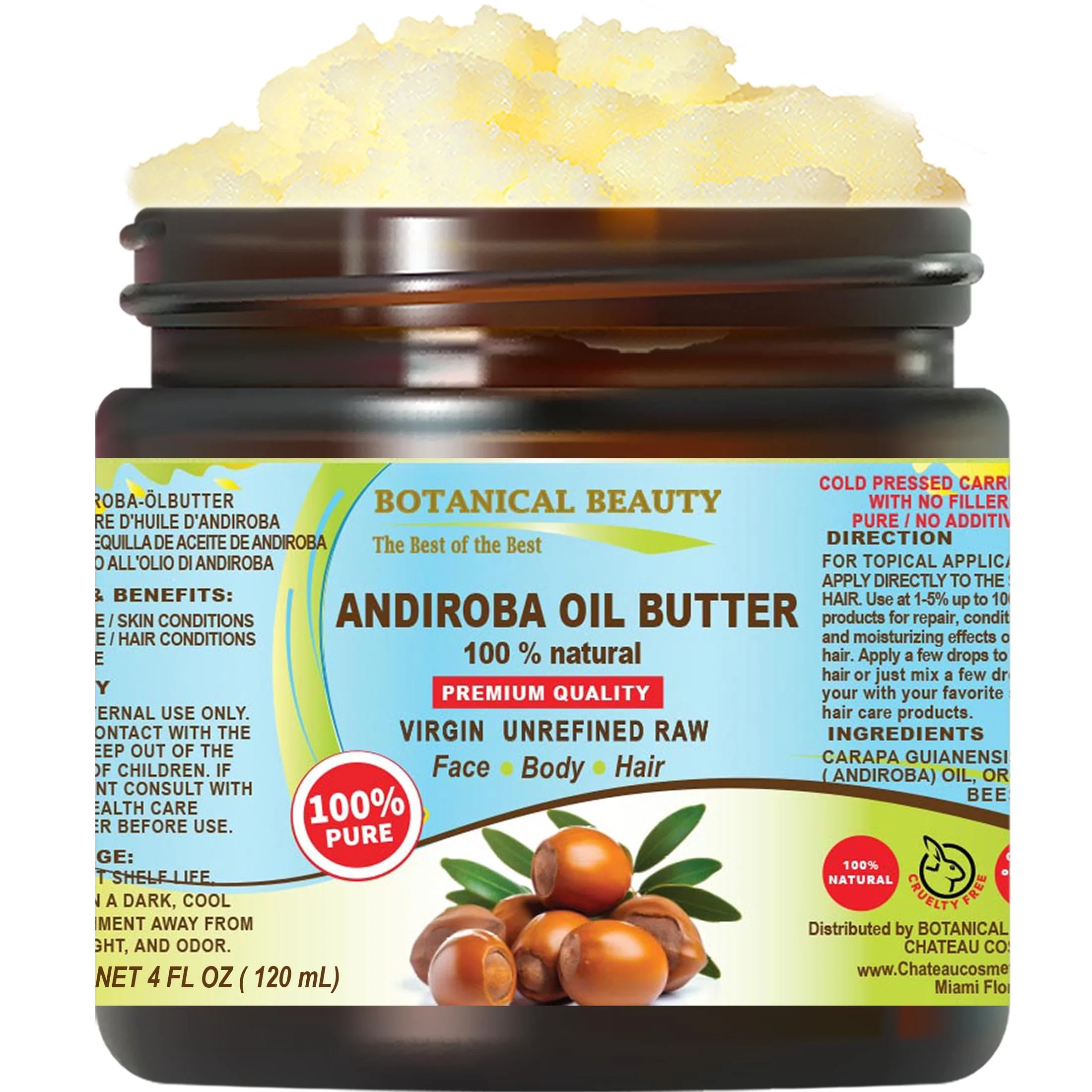 Specialty Botanical Beauty Andiroba Oil Butter Raw Pure Natural VIRGIN UNREFINED Cold-Pressed for Face Skin Body Hair Lip Nails. Rich in Vitamin E Vitamin High-Quality