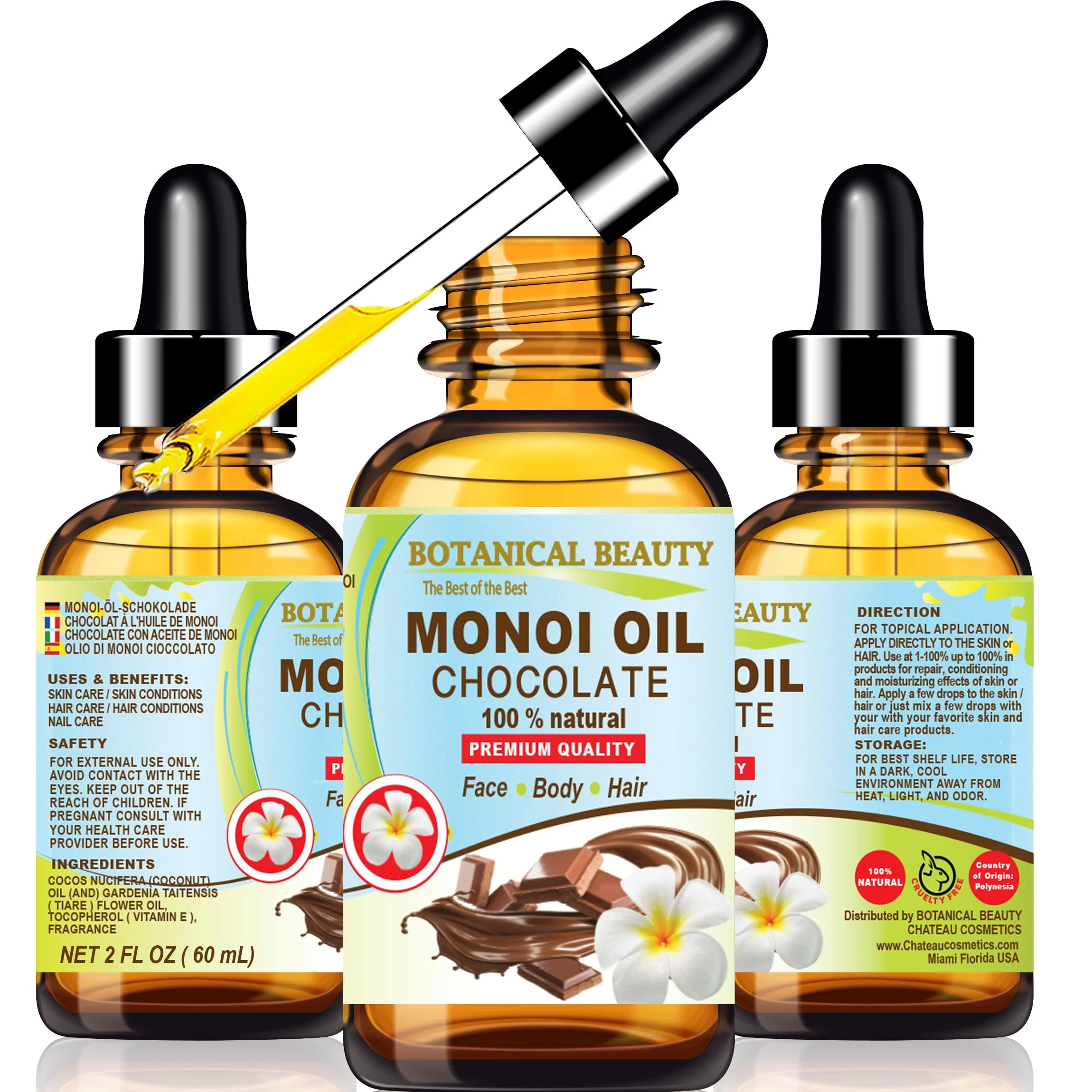 Original Botanical Beauty MONOI OIL Chocolate. Frangipani flowers in Coconut Unique