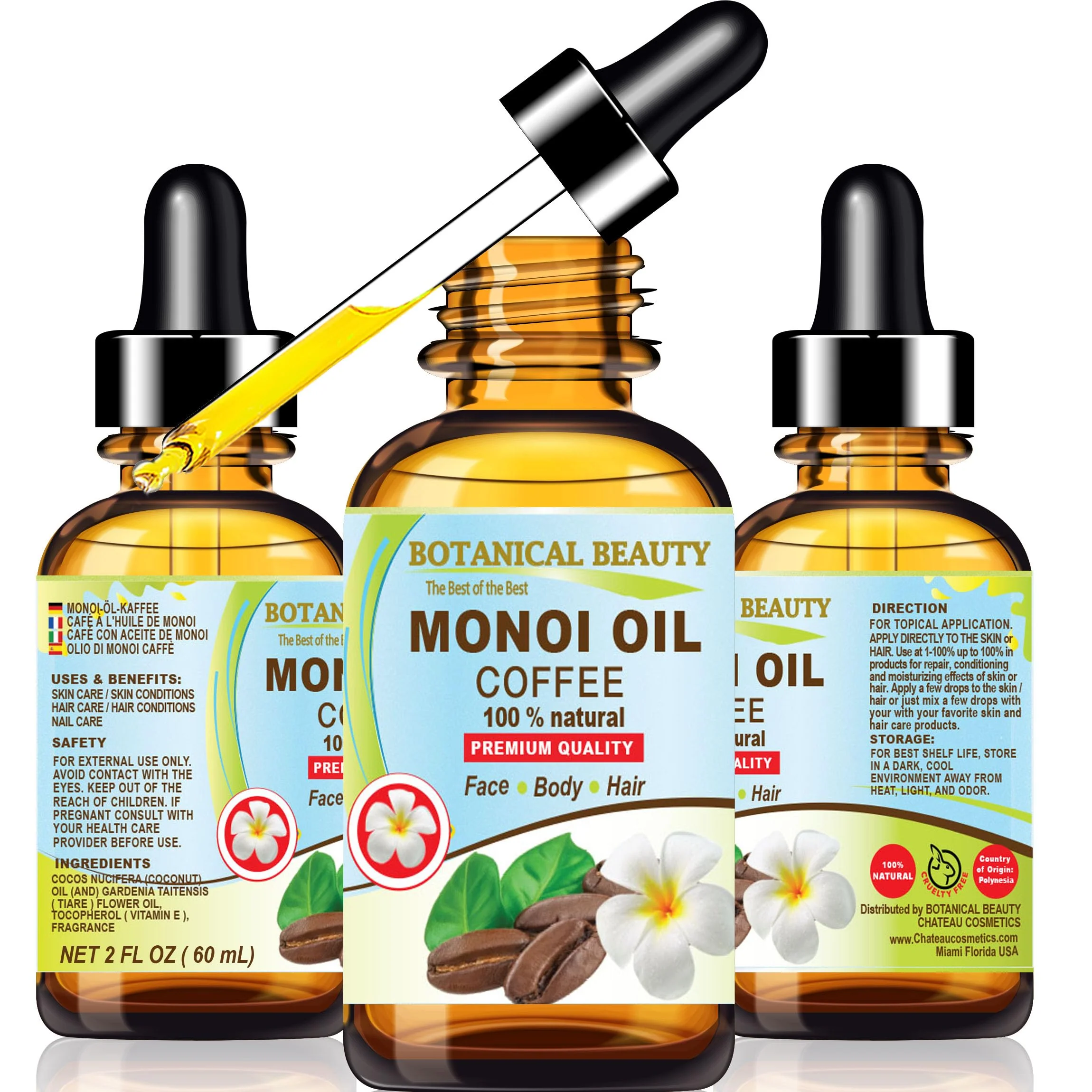 Convenient Botanical Beauty MONOI OIL COFFEE. Frangipani flowers in Coconut Oil Selected