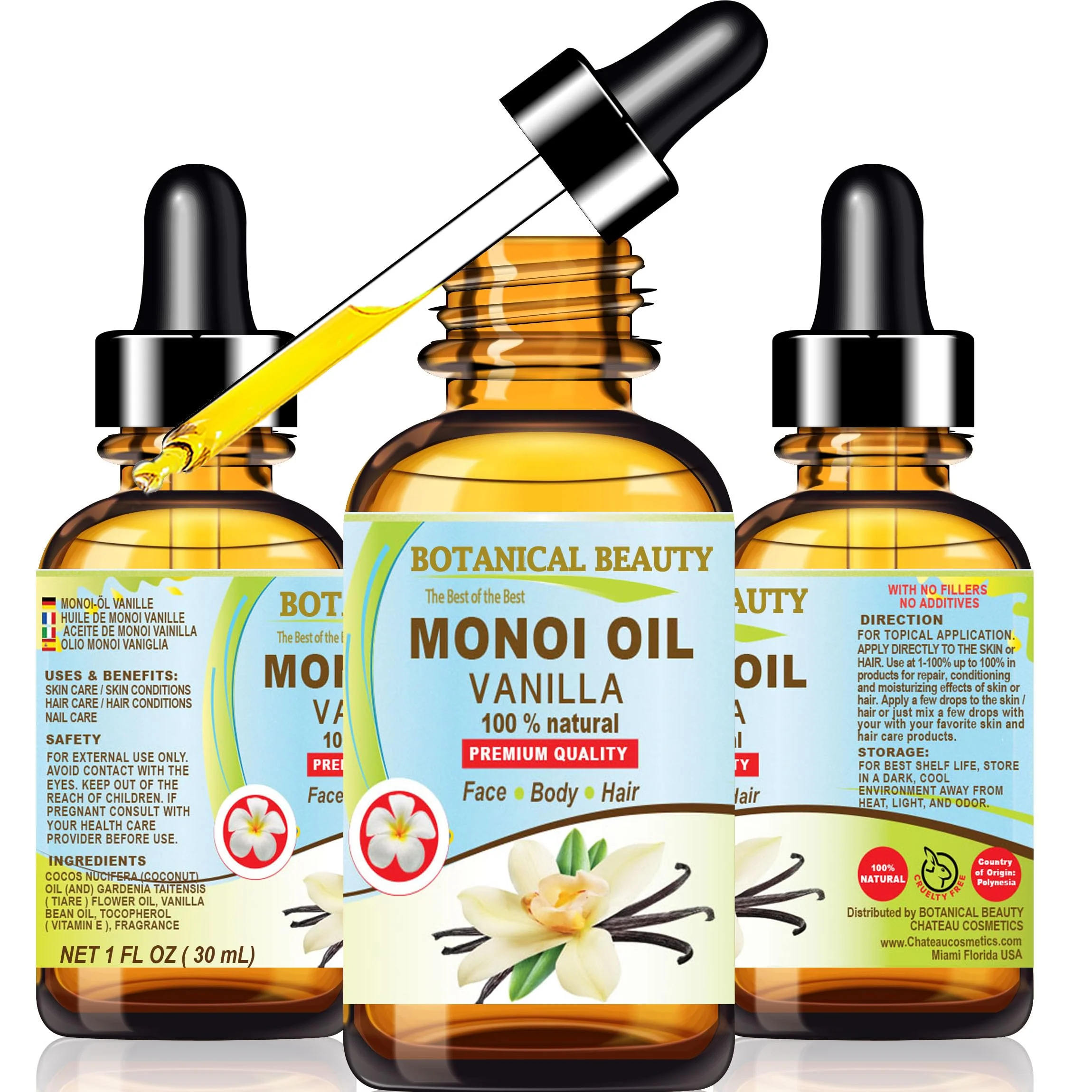 Trusted Botanical Beauty MONOI OIL VANILLA - Tiare flowers in Coconut Oil High-Performance