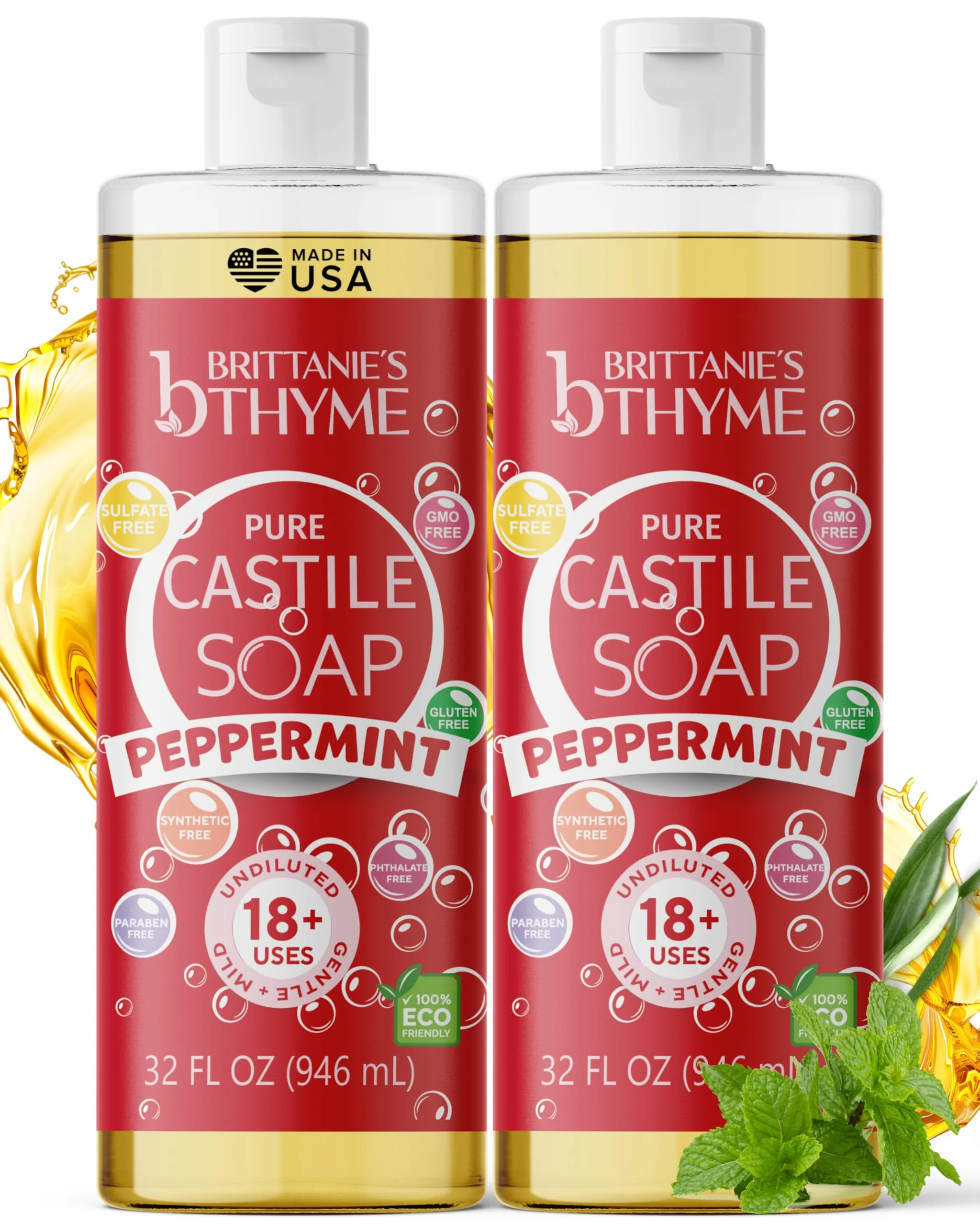 Powerful Brittanie's Thyme Pure Castile Liquid Soap Refill Peppermint 32 oz Pack of 2 For Hair Body Gentle and Pure Made with Natural Luxurious Oils Consistent