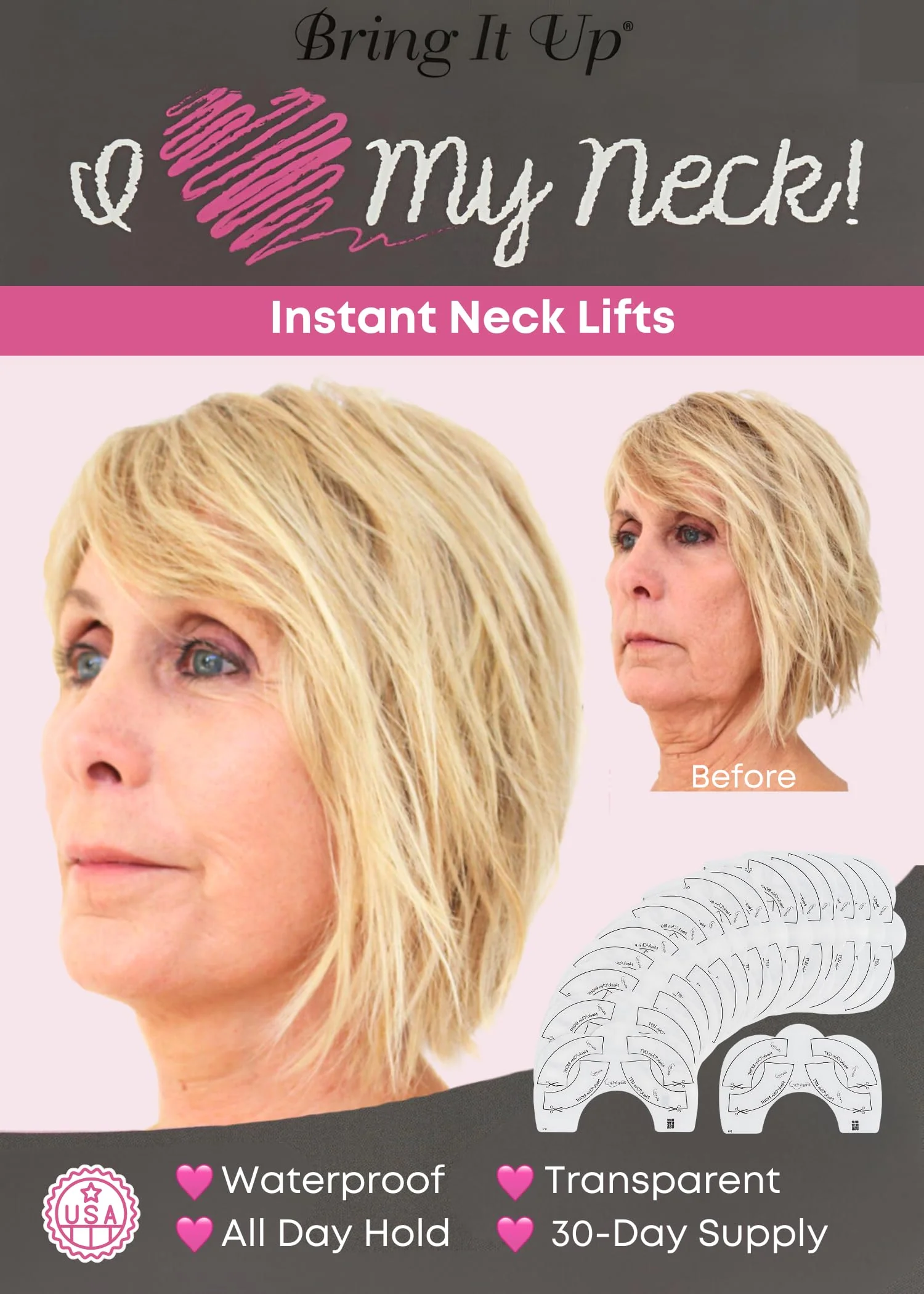 Trusted Bring It Up Instant Neck Lift Tape 30 Day Supply Transparent Neck Lifting Anti Wrinkle Stickers - Tones Sagging Necklines Instantly - Made in USA Flexible