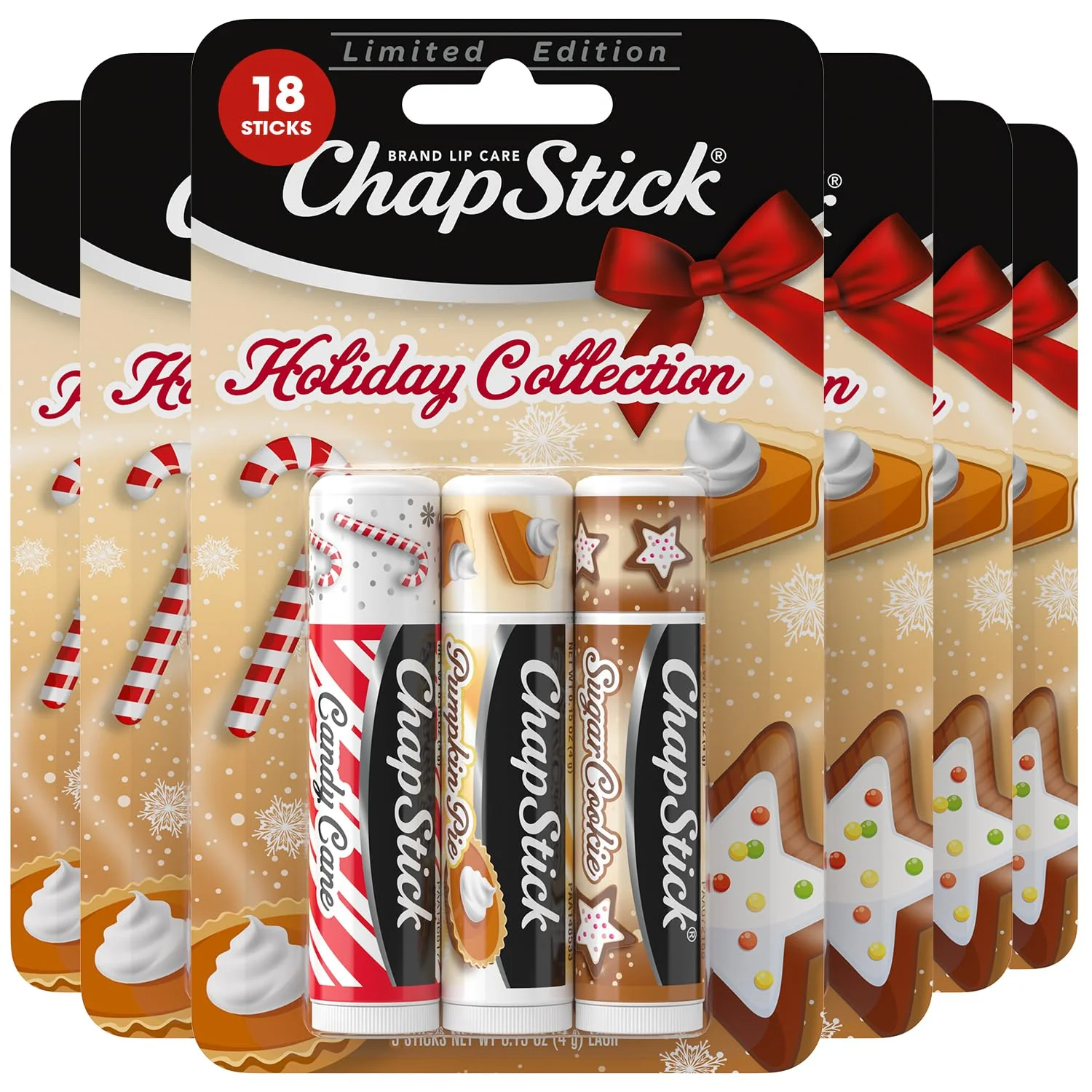 High-End ChapStick Bulk Lip Balm Holiday Variety 3-Packs x 6 18 Sticks - Candy Cane Sugar Cookie and Pumpkin Pie Flavored Lip Moisturizers Stocking Top-Quality