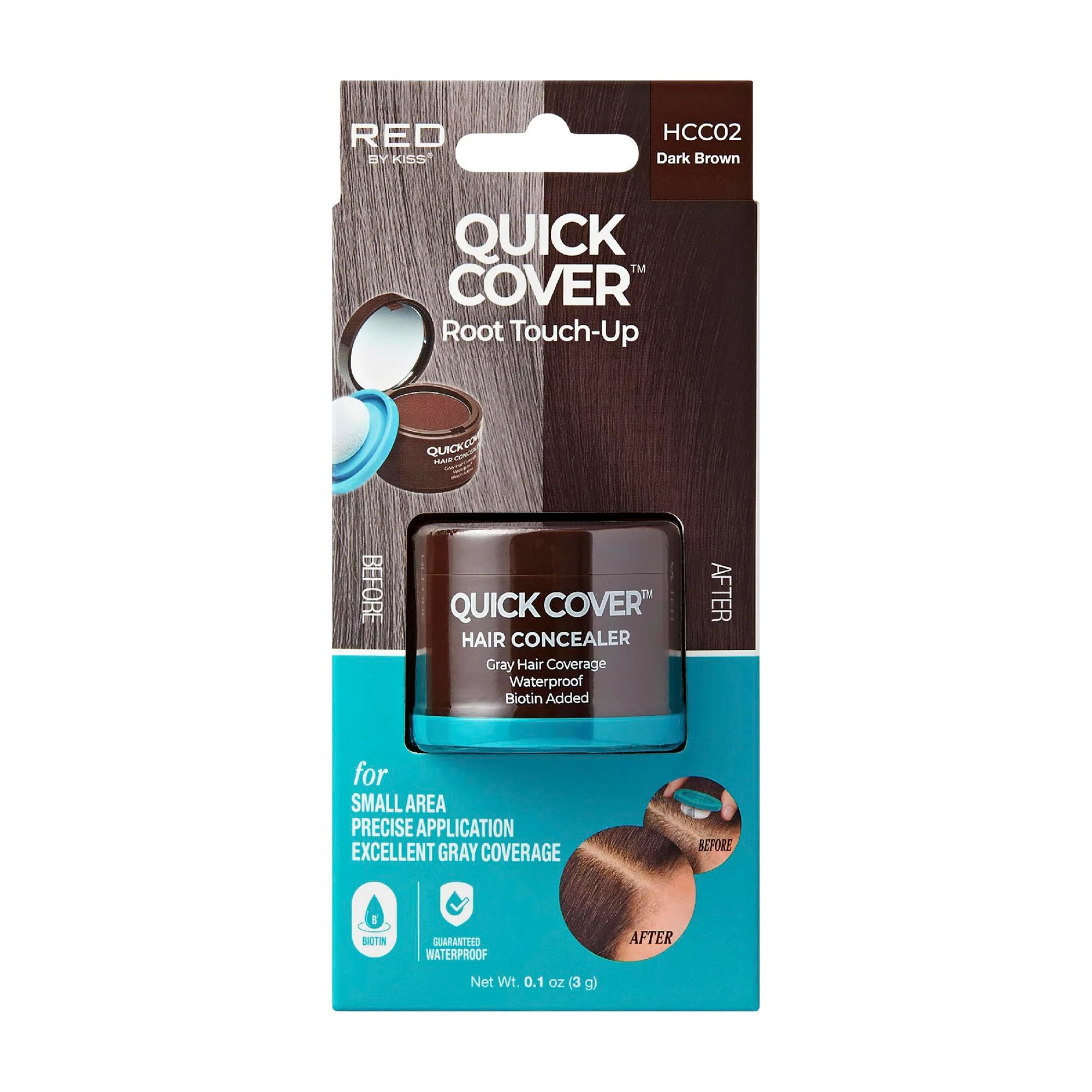 Refined Red by Kiss Quick Cover Hair Concealer Temporary Root Touch-Up Precision Gray Coverage Lightweight Waterproof Biotin Infused Dark Brown Flexible