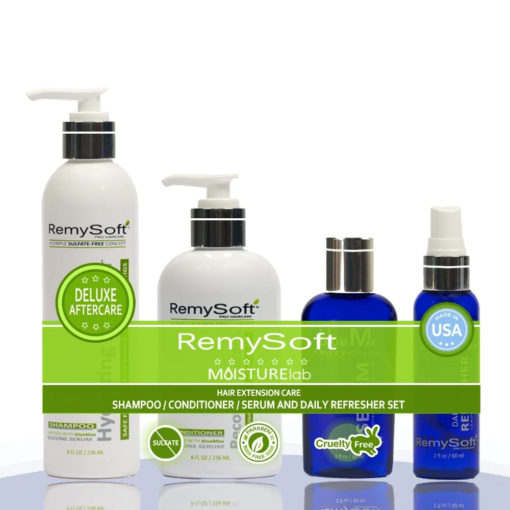 Premium RemySoft Moisturelab Deluxe System - Safe for Hair Extensions Weaves and Wigs - Salon Formula Shampoo Conditioner Serum - Gentle Sulfate- Verified