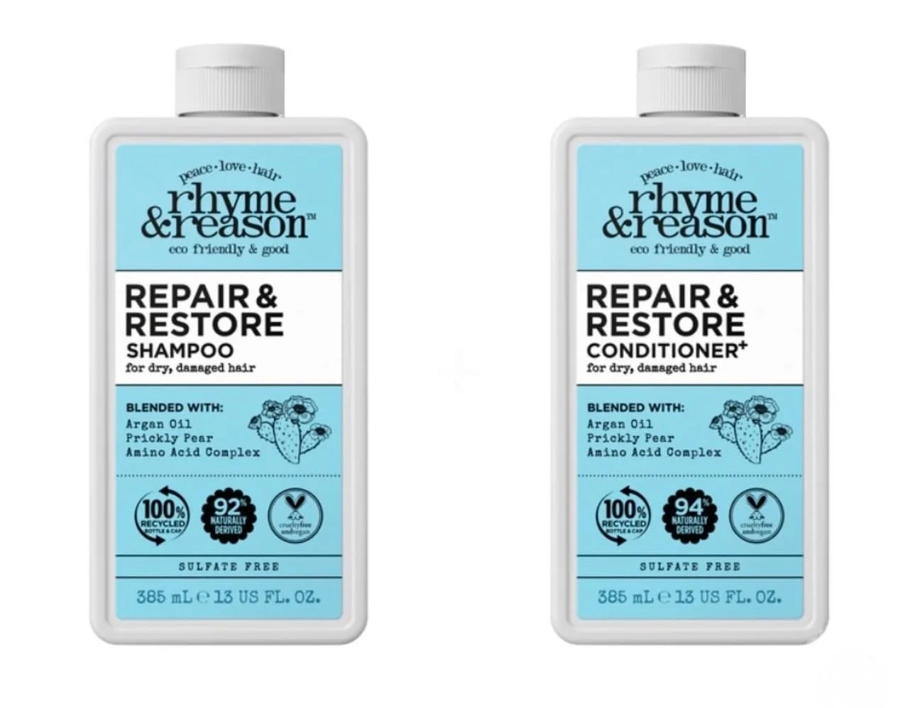 Traditional Rhyme Reason Repair and Restore Shampoo Conditioner Combo. 13 Fl. Oz. Each bottle. For Dry Damaged Hair. Hydrate Repair. Vegan Cruelty Elite