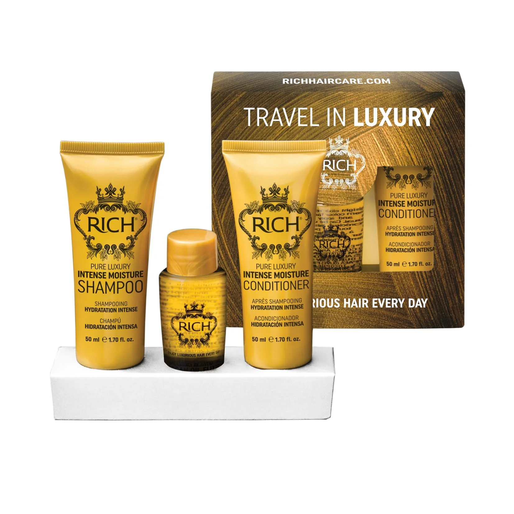 Sophisticated RICH Travel in Luxury Gift Set - Intense Moisture Shampoo 1.70 Fl Oz Conditioner 1.70 Fl Oz Argan Oil Elixir 1.0 Fl Oz for moisturzing hair Premium Material