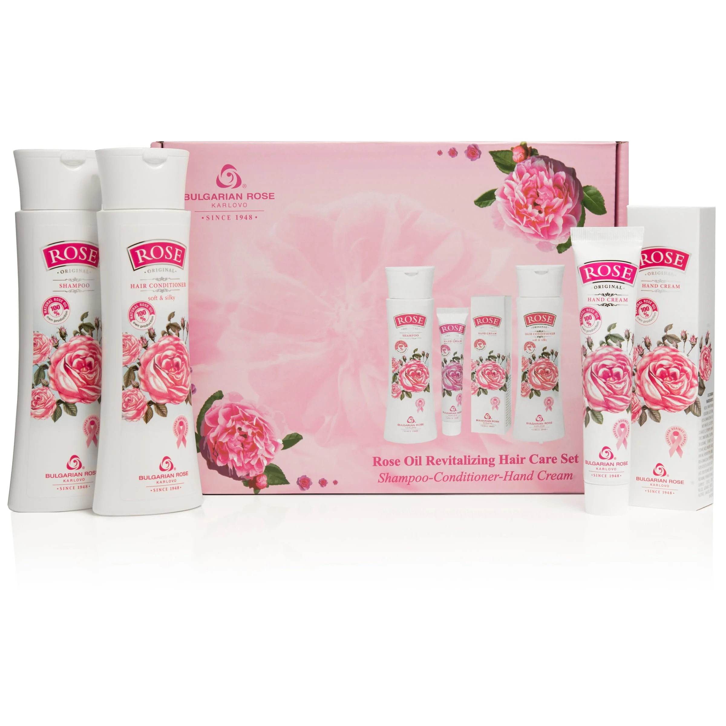 Powerful Rose Bulgarian Revitalizing Hair Care 3 Piece Gift Set - Natural Rose Shampoo Hair Conditioner Hand Cream Luxury