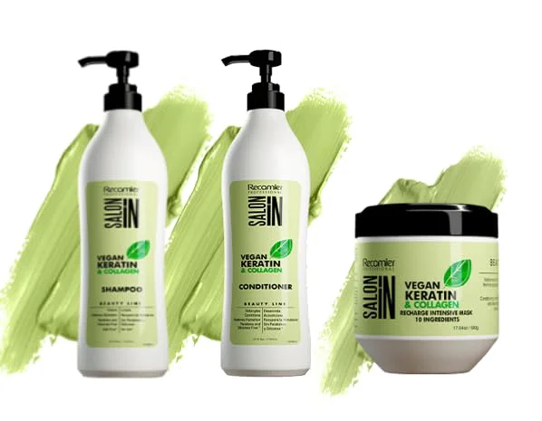 Eco-Friendly Salon In by Recamier Vegan Keratin Collagen 3-Piece Hair Set with Shampoo 33.8 fl oz 1000 ml Conditioner 33.8 fl oz 1000 ml and Recharge Detailed