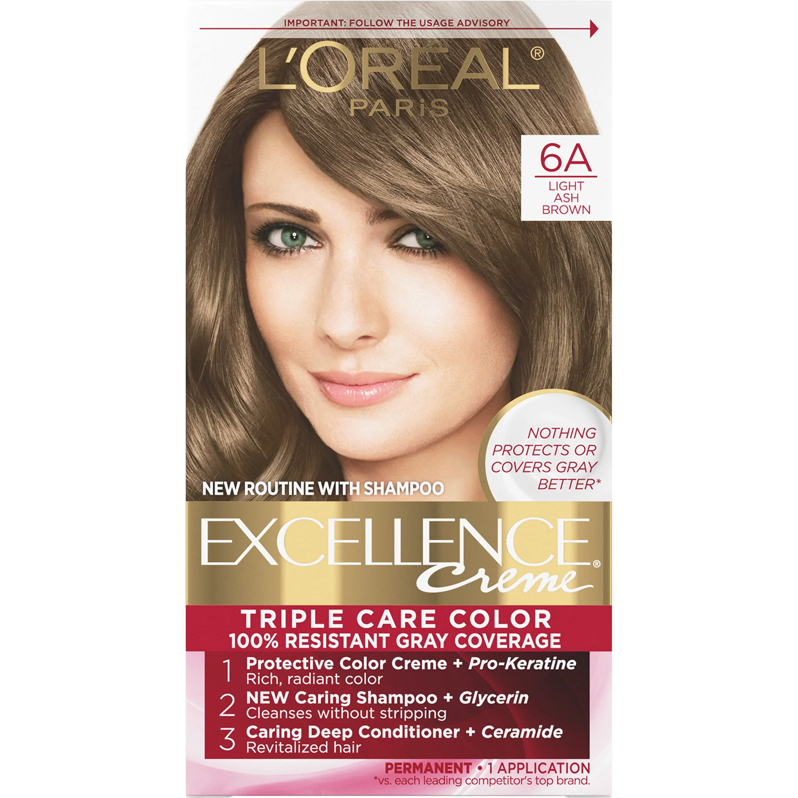Authentic L'O Paris Excellence Creme Permanent Triple Care Hair Color 6A Light Ash Brown Gray Coverage For Up to 8 Weeks All Hair Types Pack of 1 Sustainable