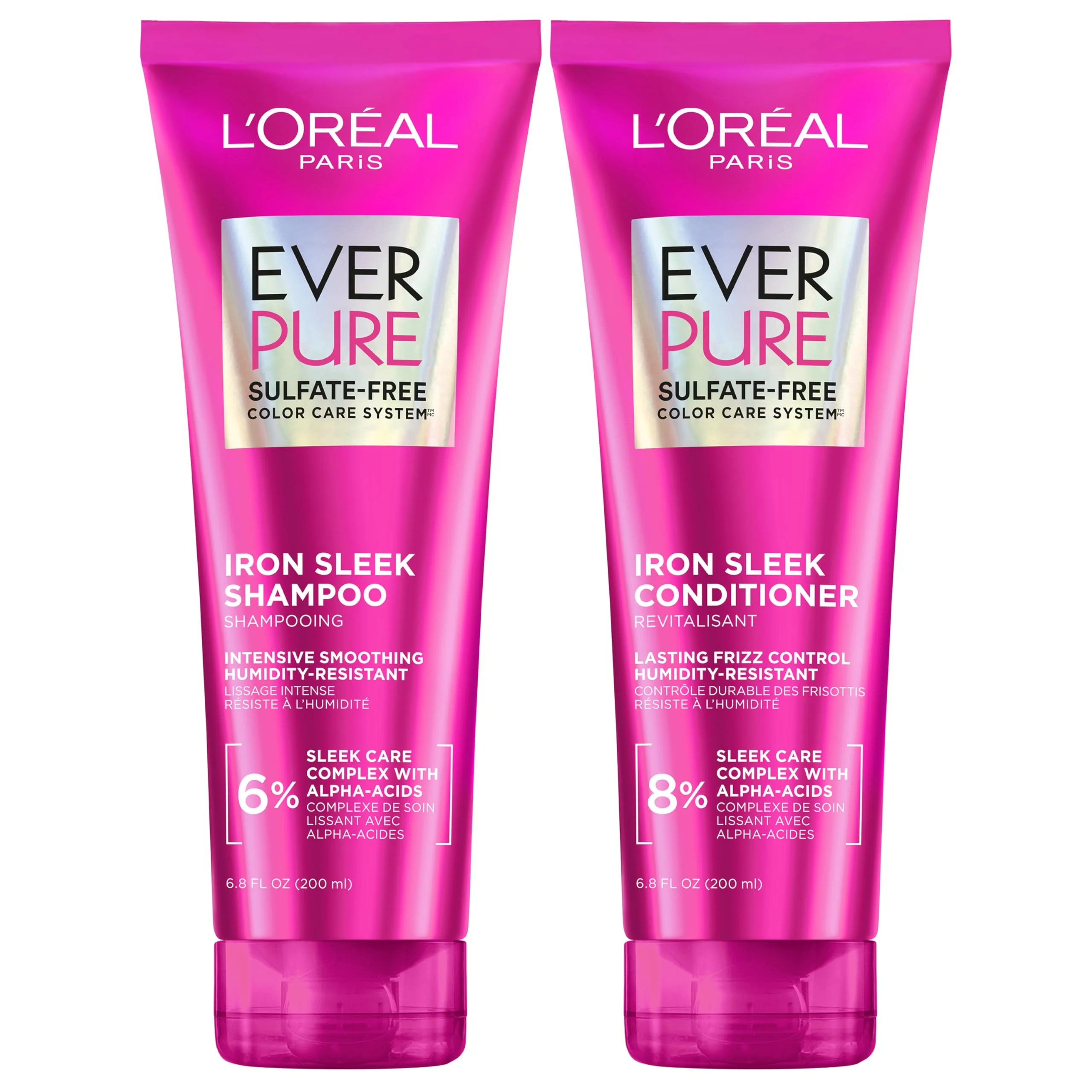 Authentic L'O Paris Sulfate Iron Sleek Smoothing Shampoo and Conditioner Set Frizz Control and Humidity-Resistant Formula with Alpha-Acids Suitable Enhanced