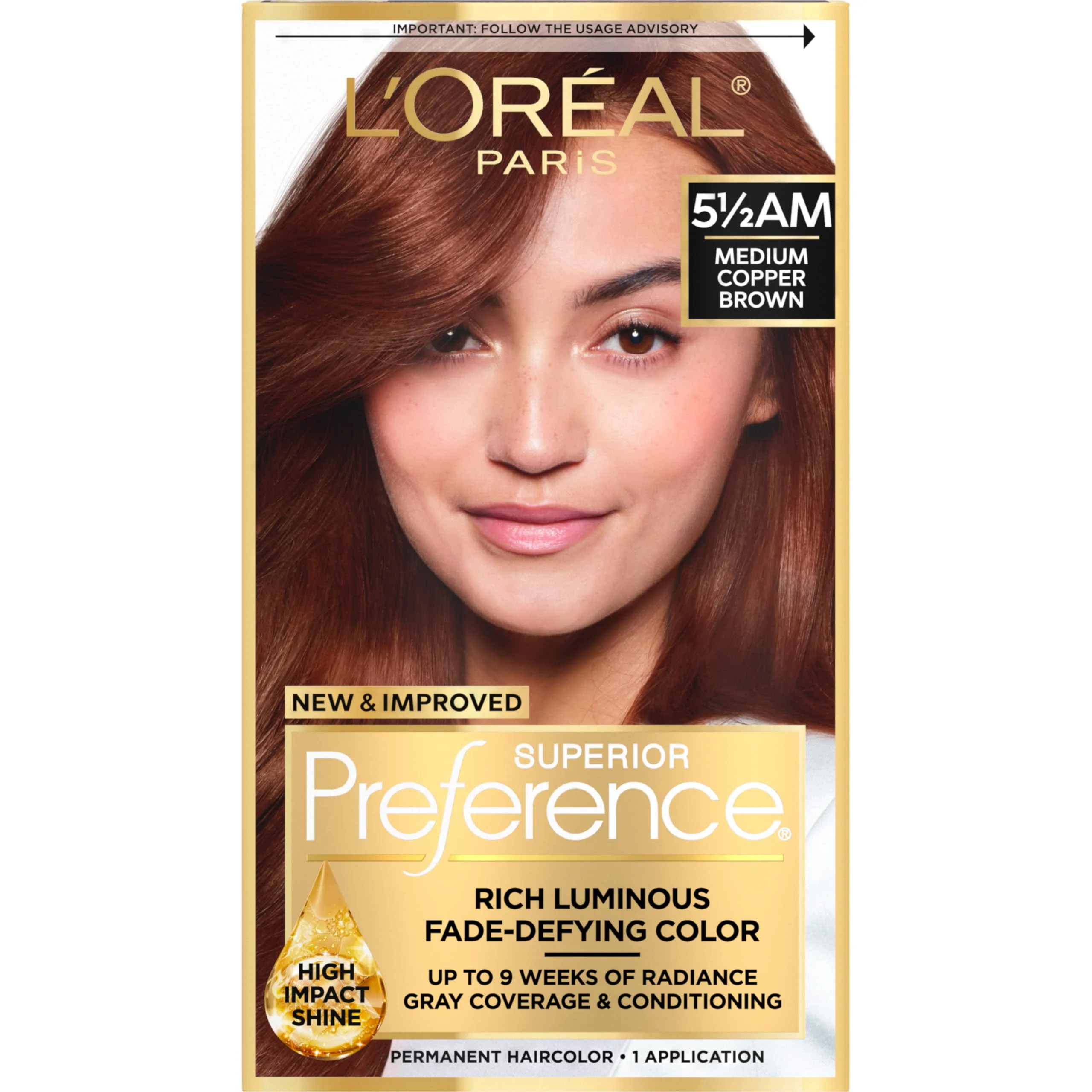 Premium L'O Paris Superior Preference Luminous Fade-Defying Permanent Hair Color Hair Dye For Up to 9 Weeks of Radiance Medium Amber Copper Brown 5.5AM Expertly Made