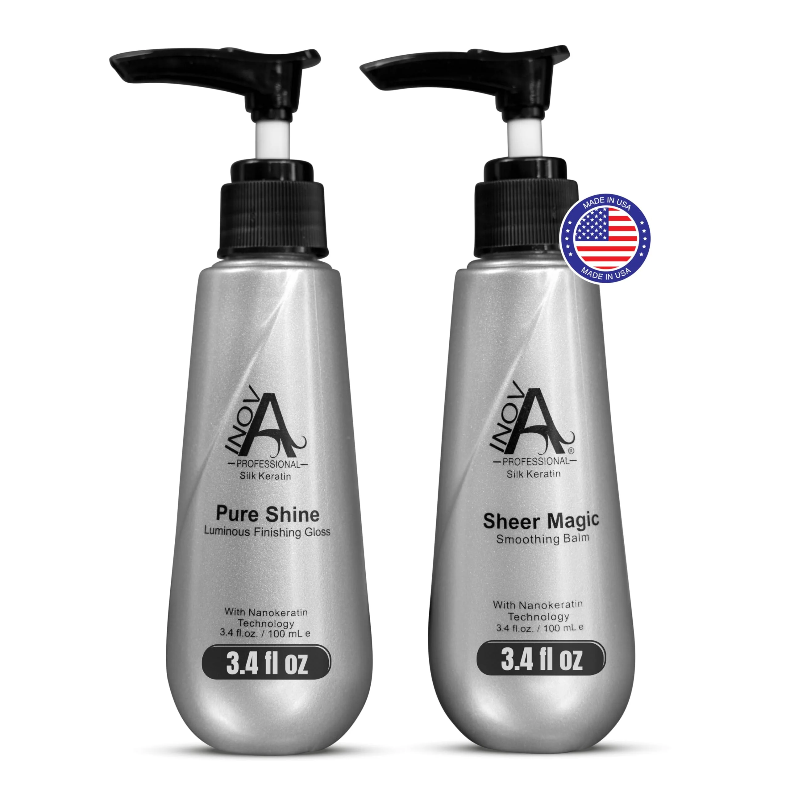 Original Inova Professional Silk Keratin - Smooth Shine Set - Sheer Smoothing Balm Pure Shine Luminous Finishing Gloss 3.4 Oz Set white Authentic