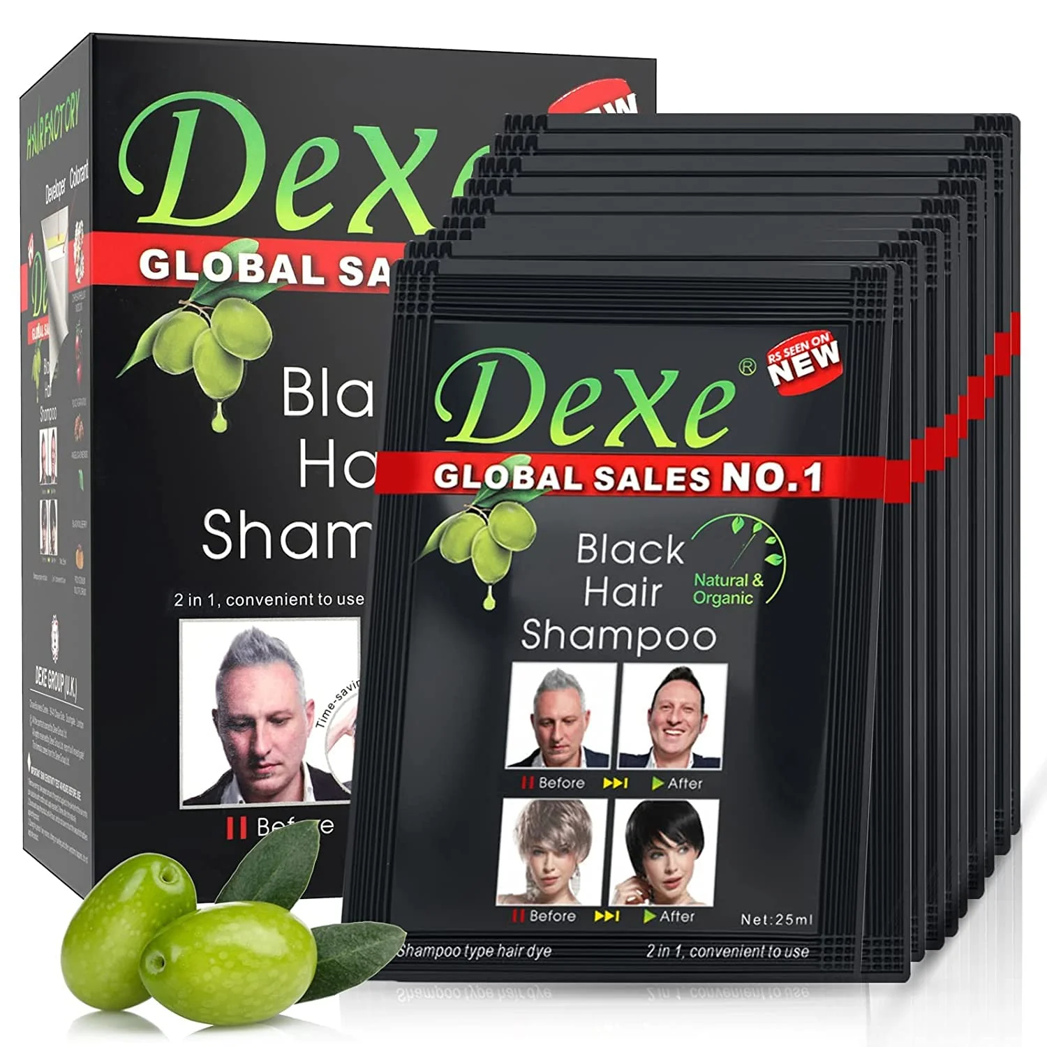 High-End Instant Hair Dye - Black Hair Shampoo - 3 Black Colour - Simple to Use - Last 30 days - Natural Ingredients Smooth
