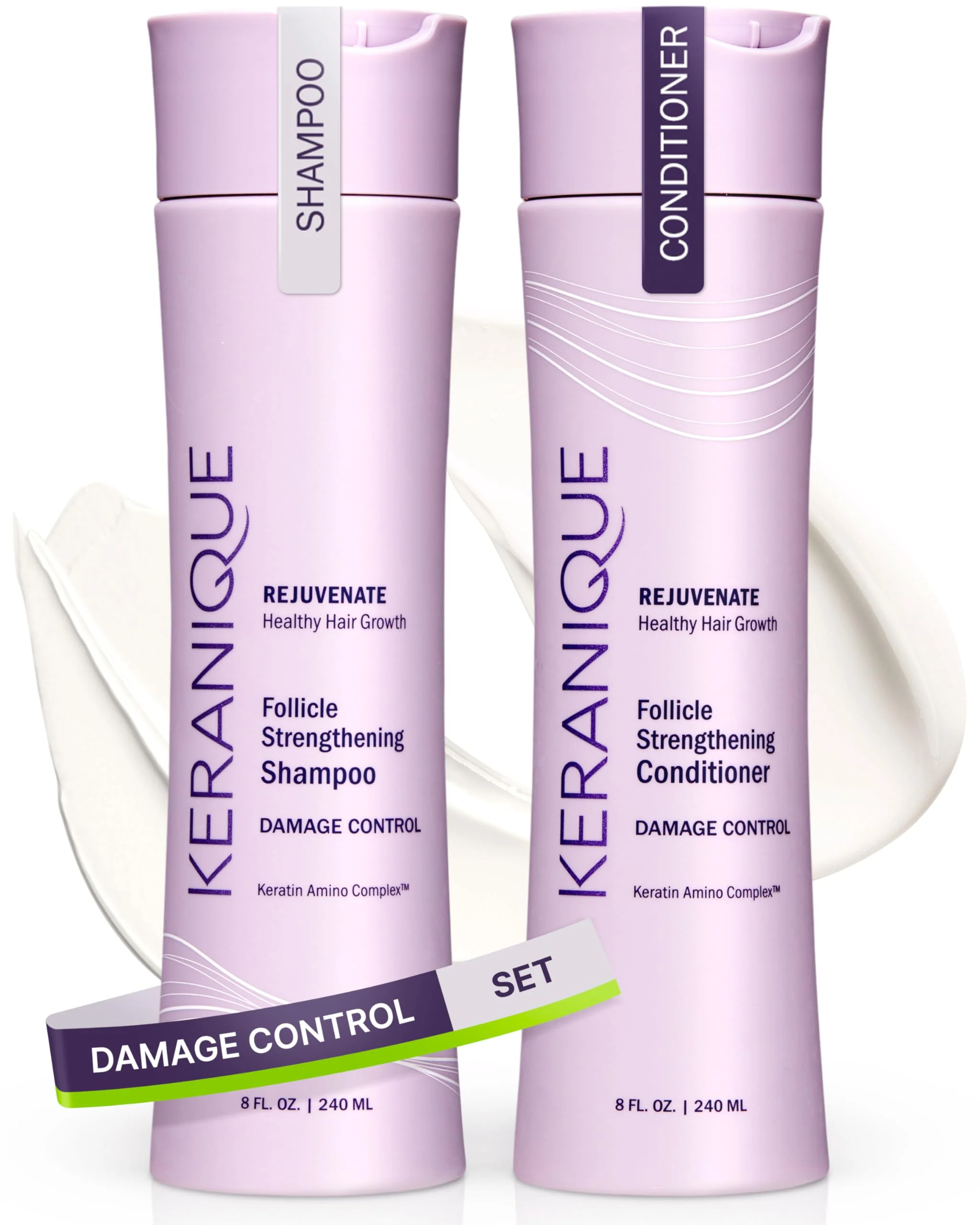 Reusable Keranique Damage Control Anti-Breakage Shampoo Conditioner for Damaged Thinning Hair - Intense Repair Strengthening with Keratin Biotin High-End