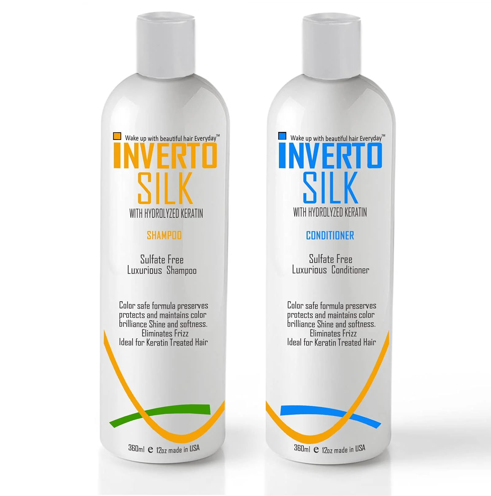 Contemporary Keratin Shampoo Set For Frizzy Damaged And Color Treated hair INVERTO SILK Luxurious Sulfate Shampoo and Conditioner Two Bottles Value Set 2 x Genuine
