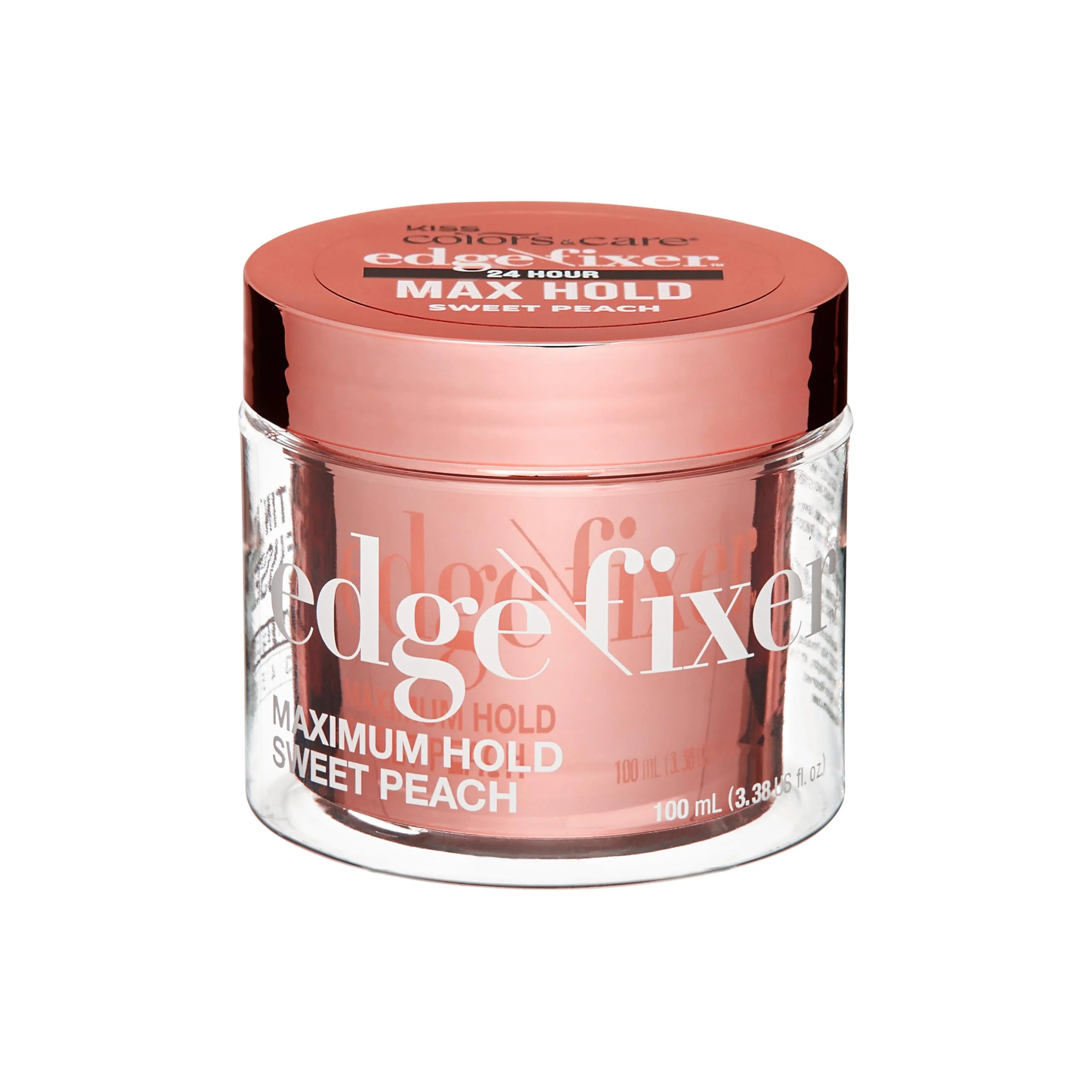 Expertly Made KISS COLORS CARE Maximum Hold Edge Fixer Non-Greasy Gel Formula Infused With Biotin B7 24 Hour Hold Sweet Peach Scented 3.38 Fl. Oz. 100 ml Premium