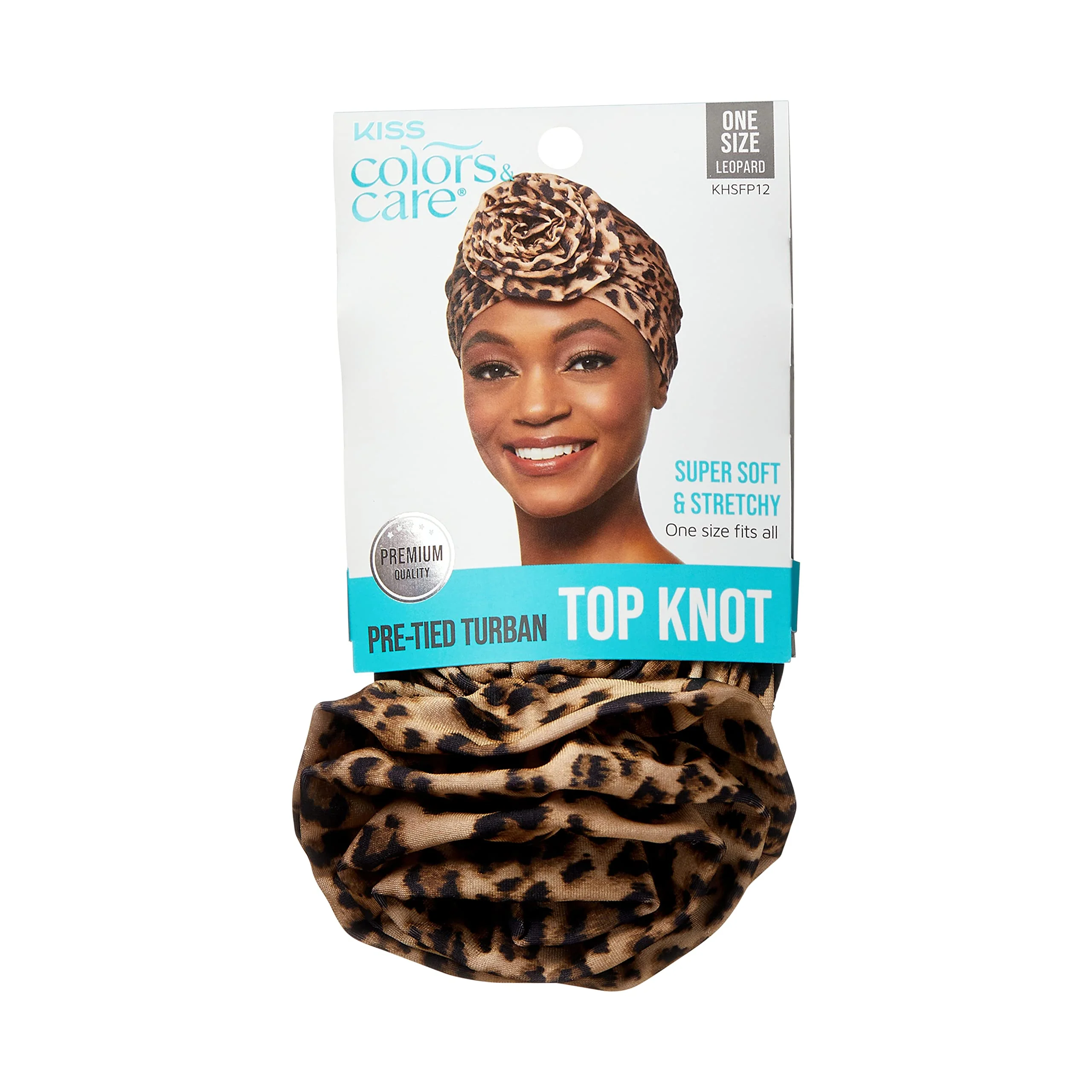 Enhanced KISS COLORS CARE Top Knot Pre-Tied Turban - Leopard - Stylish Stretchy Soft for Sleeping Maximum Hair Protection Minimizes Breakage Reliable