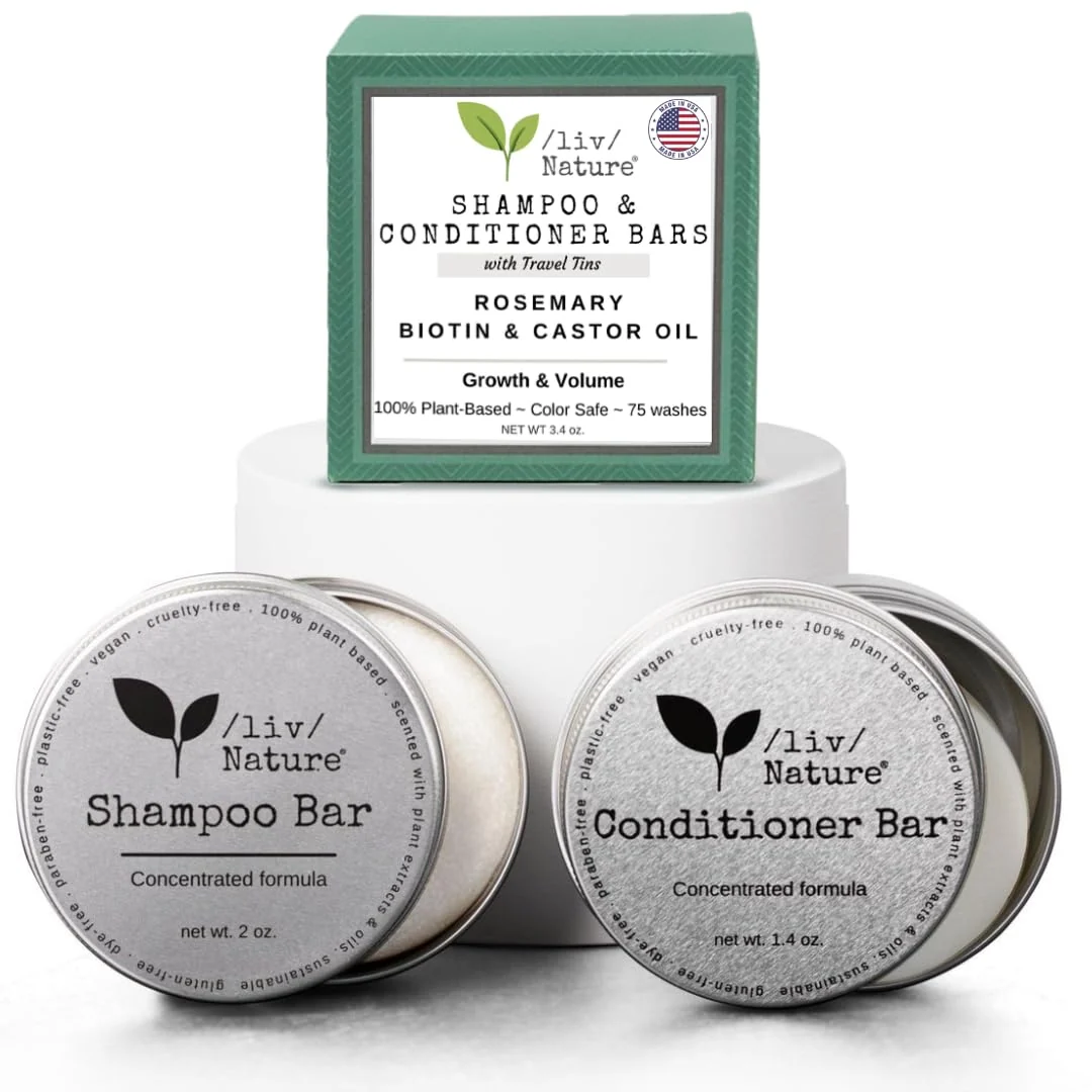 Solid liv Nature Shampoo Bar and Conditioner with Travel Tins Rosemary Biotin Castor Oil Growth Volume Thickening For Thinning Hair USA 2-pk User-Friendly