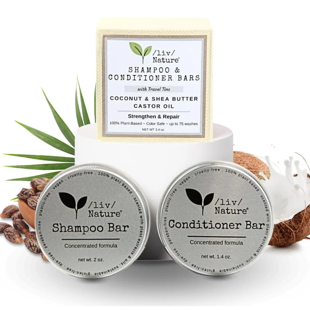 Elegant liv Nature Shampoo Bar and Conditioner Set with Travel Case Strengthen and Repair Dry Hair Coconut Castor Oil Shea Butter Made in USA 2-pk Classic