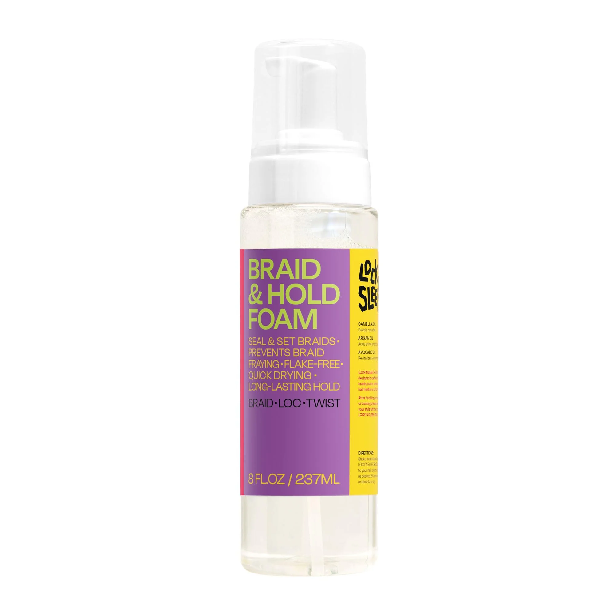 Functional LOCK'N SLEEK Braid Foam for braiding Twists and Locs No Frizz with Shine Fast Drying Light Weight Mousse 8 Oz Detailed