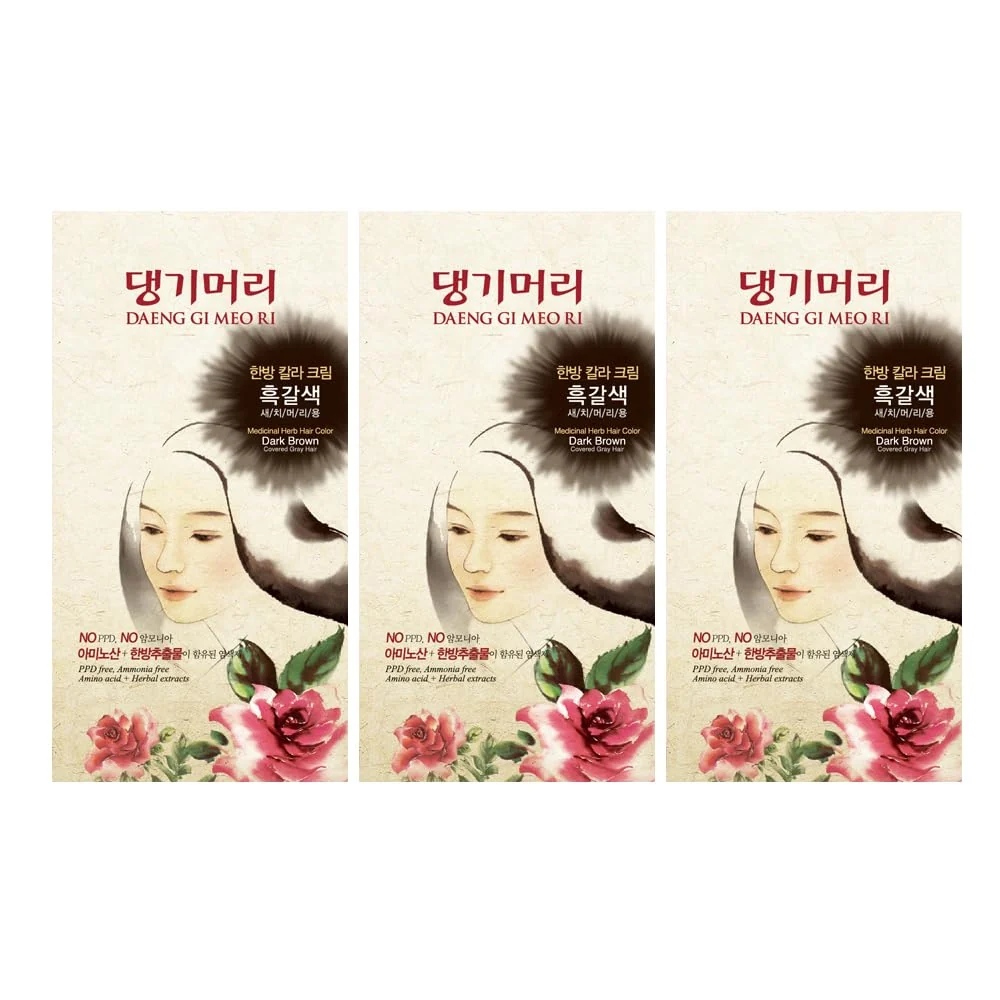 Premium Material Daeng Gi Meo Ri - Korean Herbal Hair Dye Color Cream Dark Brown 3 PACK - PPD- Gray Coverage Hair Protection High-Keratin Formula 5 Oz Versatile