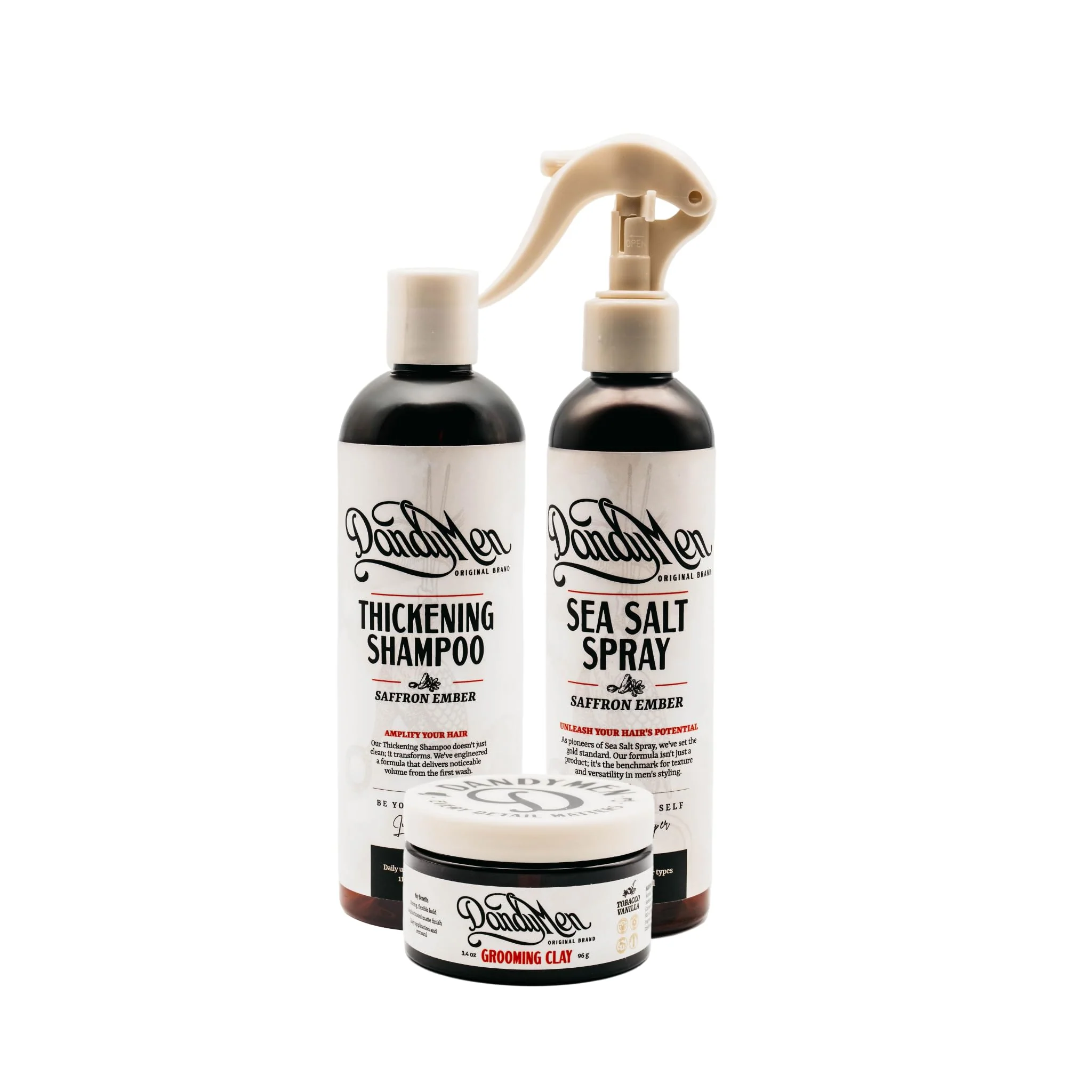 Easy-to-Use DandyMen Full Volume Hair Set for Men - Thickening Shampoo Sea Salt Spray Grooming Clay - 3-Step Styling Kit for Volume Texture Hold Saffron Prestigious