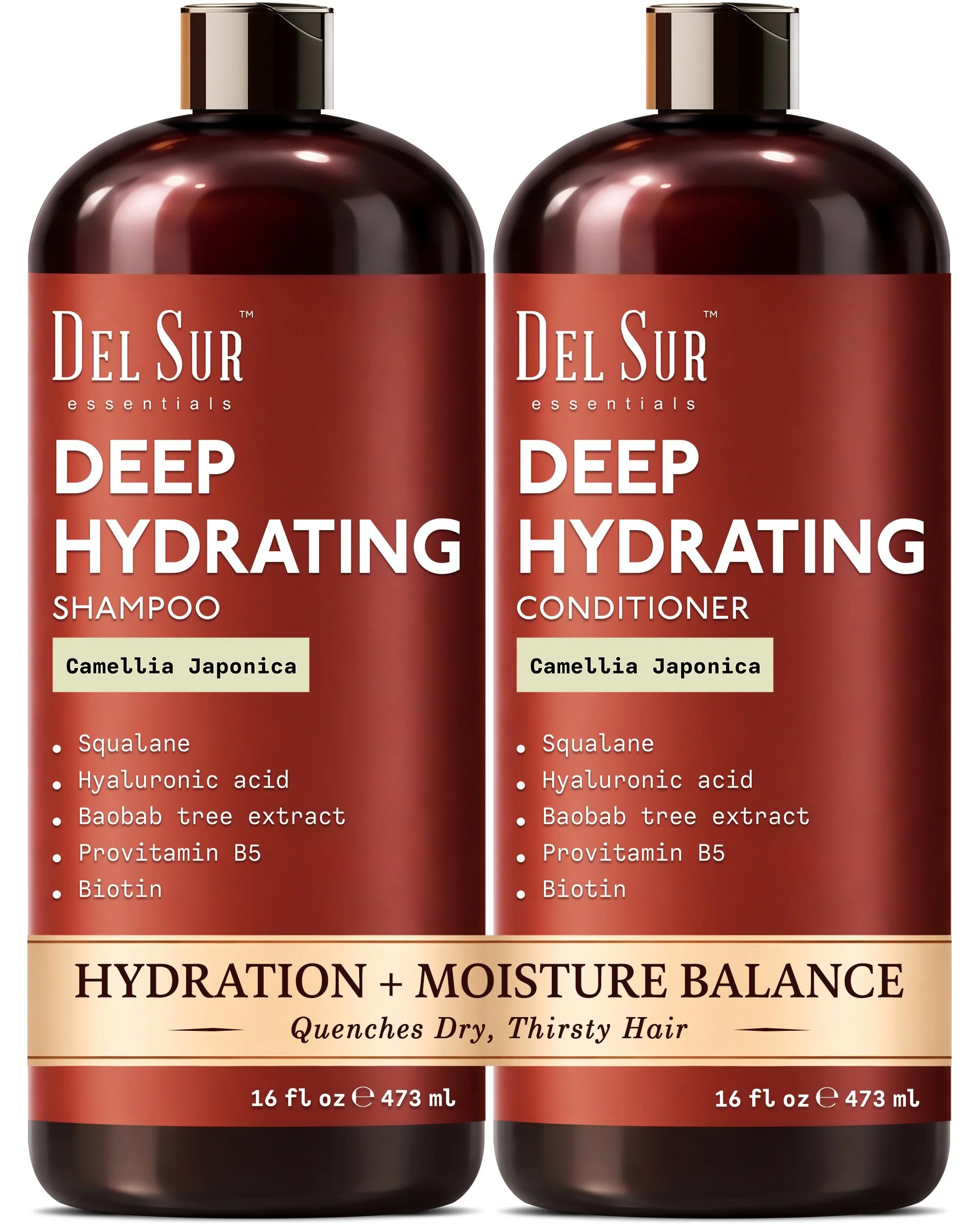 Carefully Designed DEL SUR Hydrating Shampoo and Conditioner Set 16 fl oz Each with Camellia Japonica Squalane Hyaluronic Acid Baobab Extract Biotin Deep Proven
