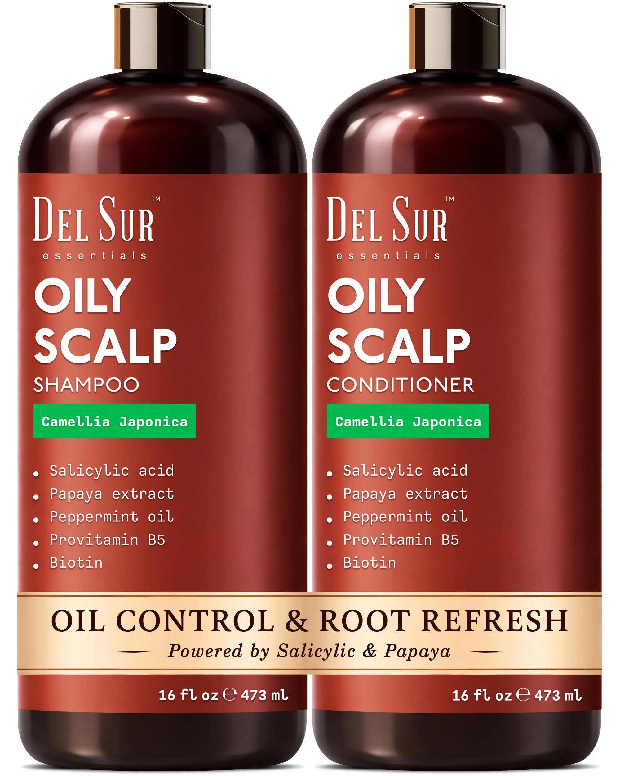 Sophisticated DEL SUR Clarifying Shampoo and Conditioner Set for Oily Hair 16 fl oz with Camellia Japonica Salicylic Acid Papaya Biotin Scalp Oil Control Premium Material