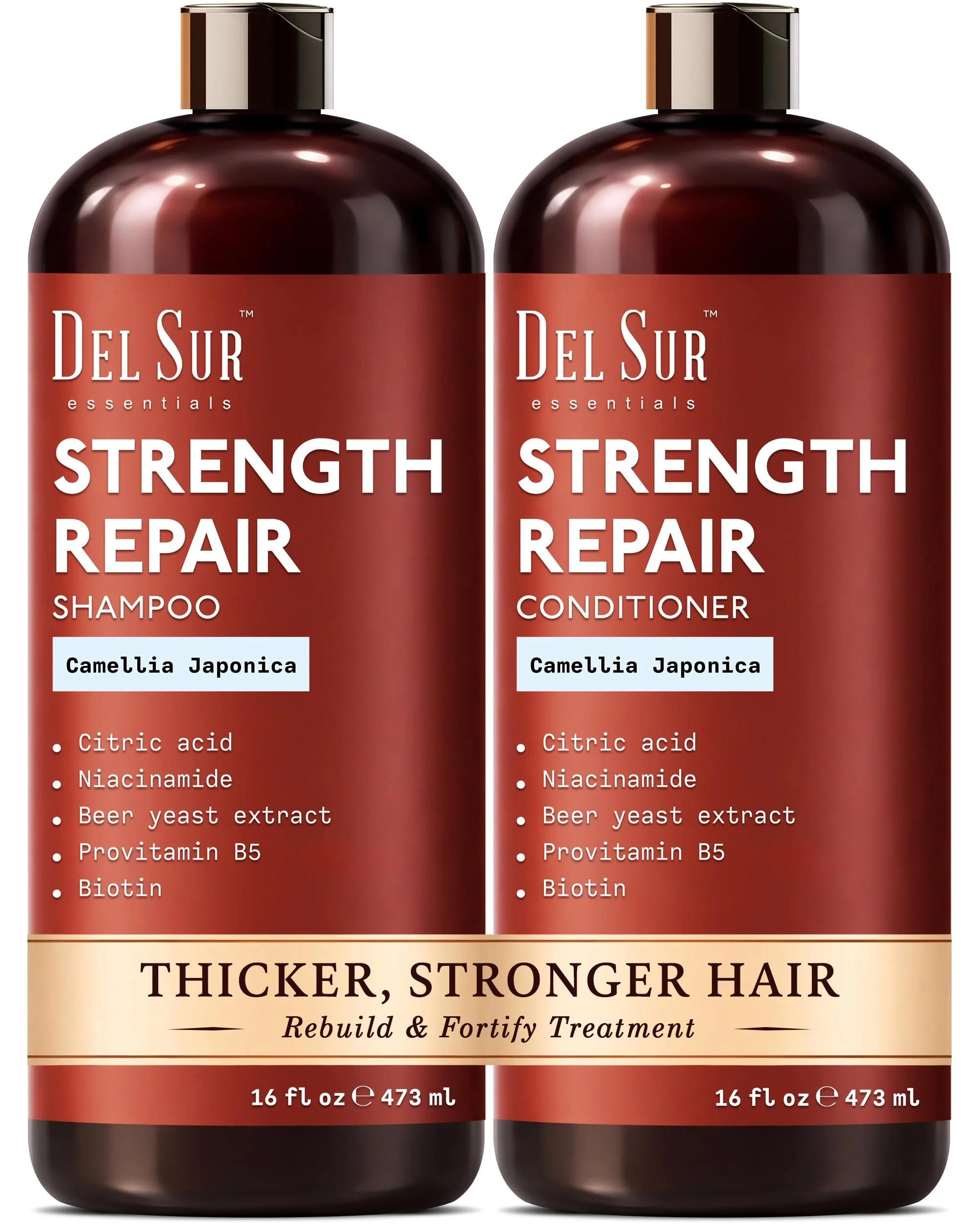 Fashionable DEL SUR Hair Strengthening Shampoo and Conditioner Set 16 fl oz Each with Camellia Japonica Niacinamide Provitamin B5 Biotin Repair Certified
