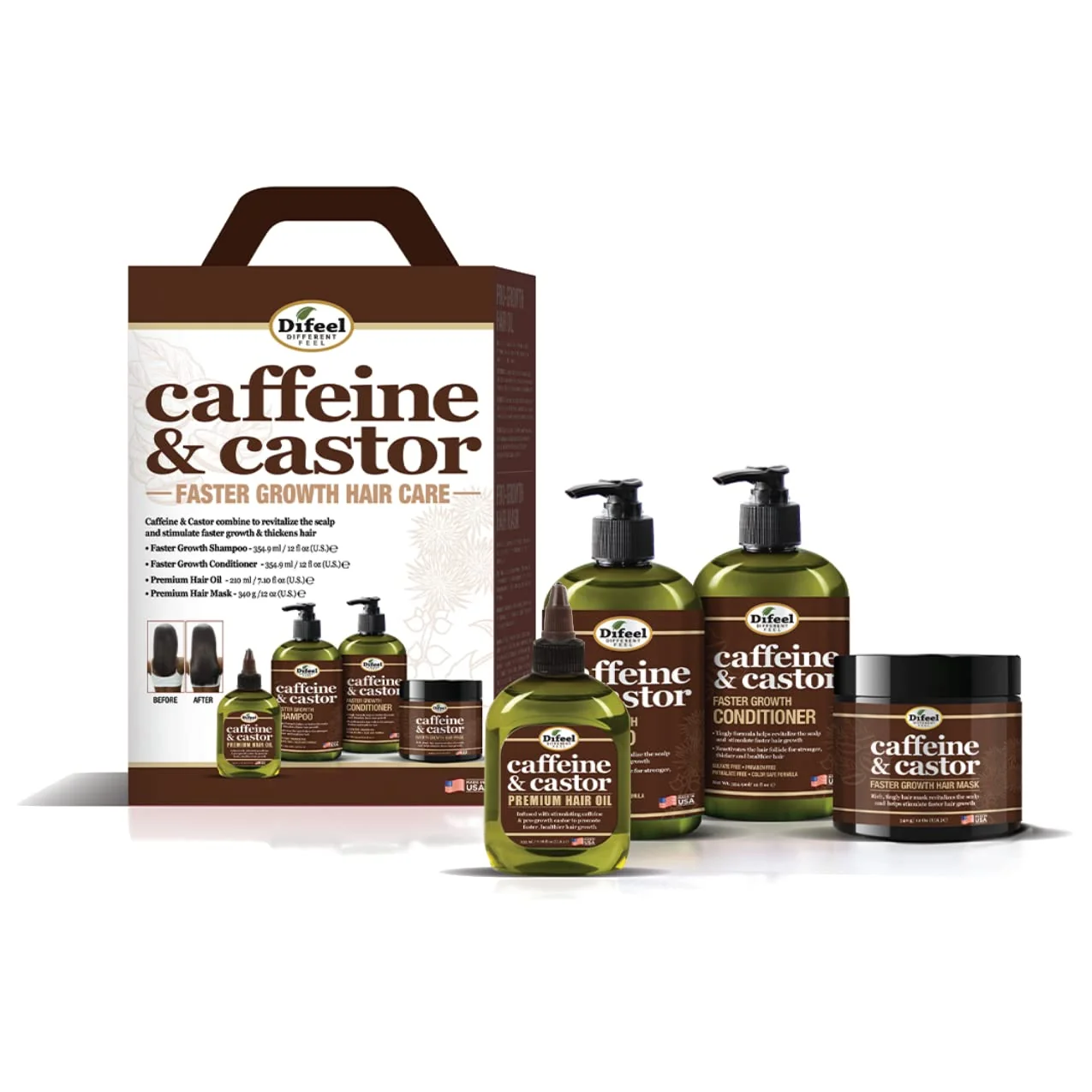 Authentic Difeel 4-PC Caffeine Castor Faster Growth Shampoo Conditioner Hair Care Gift Set - Includes 12oz Shampoo 12oz Conditioner 12oz Hair Mask 7.1oz Reliable