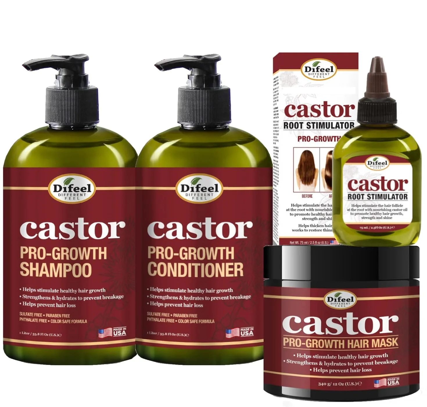 Verified Difeel 4-PC Castor Pro-Growth Hair Growth Cleansing Growth Set - Includes 12 oz Shampoo 12oz Conditioner 12oz Hair Mask 2.5oz Root Stimulator Pure