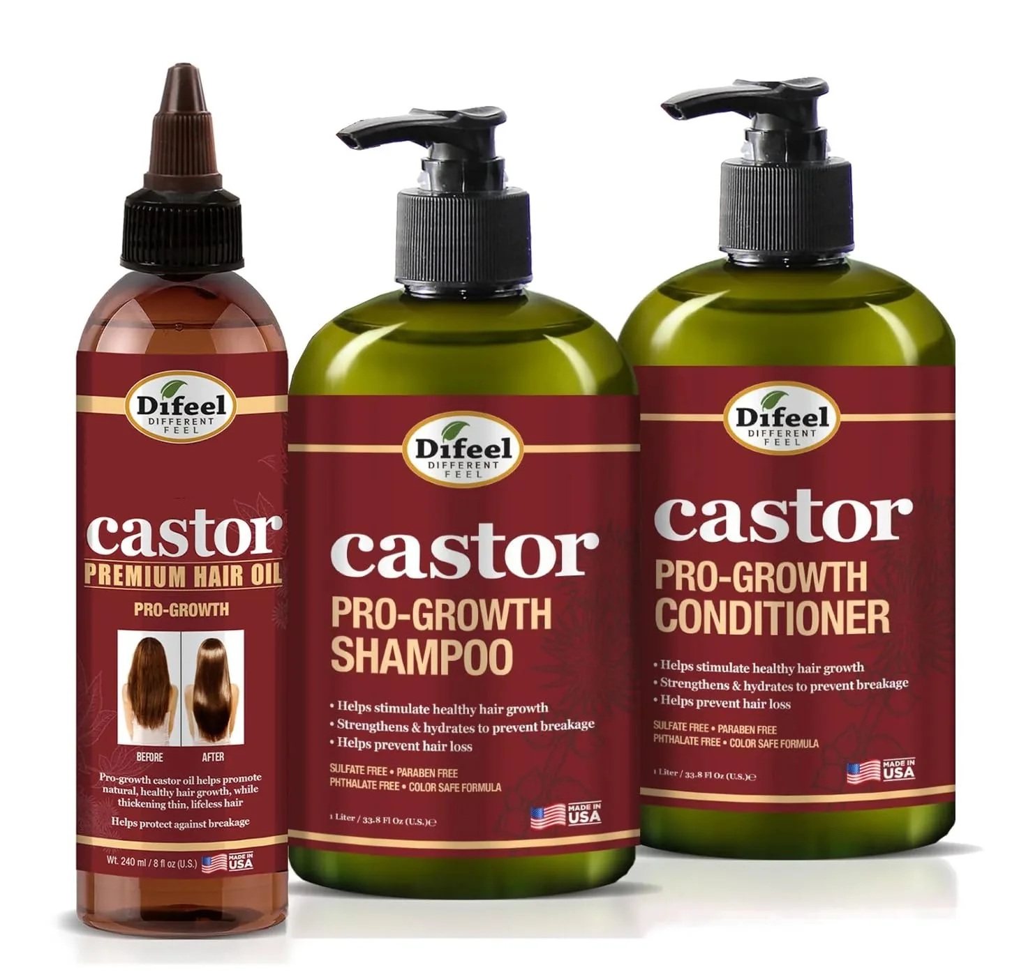 Durable Difeel Pro-Growth Hair Care Set with Castor Oil - 3-PC Style Shampoo Conditioner 12oz EACH Hair Oil 8oz Carefully Designed