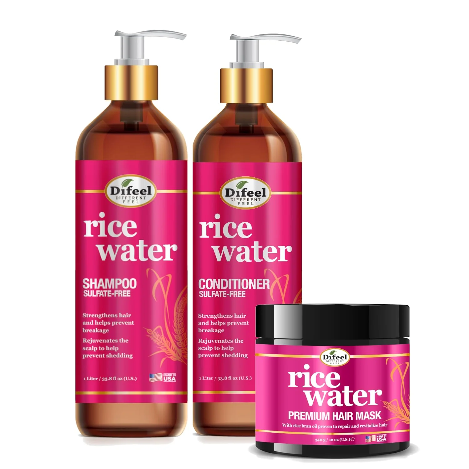 Trusted Difeel Rice Water Hair Care 3PC Shampoo Conditioner Hair Mask Set - Includes 33.8oz Shampoo 33.8oz Conditioner 12oz Hair Mask Environmentally Friendly
