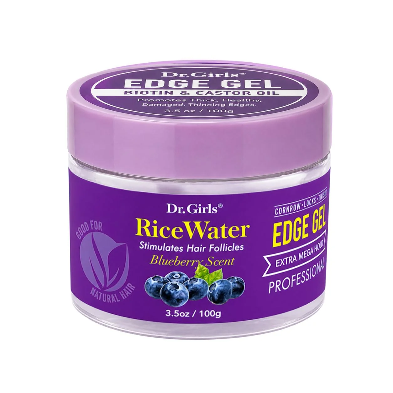 Enhanced Dr. Girls Rice Water Edge Gel - Extra Mega Hold for Cornrows Locs Twists with Biotin Castor Oil 3.5oz Blueberry Premium