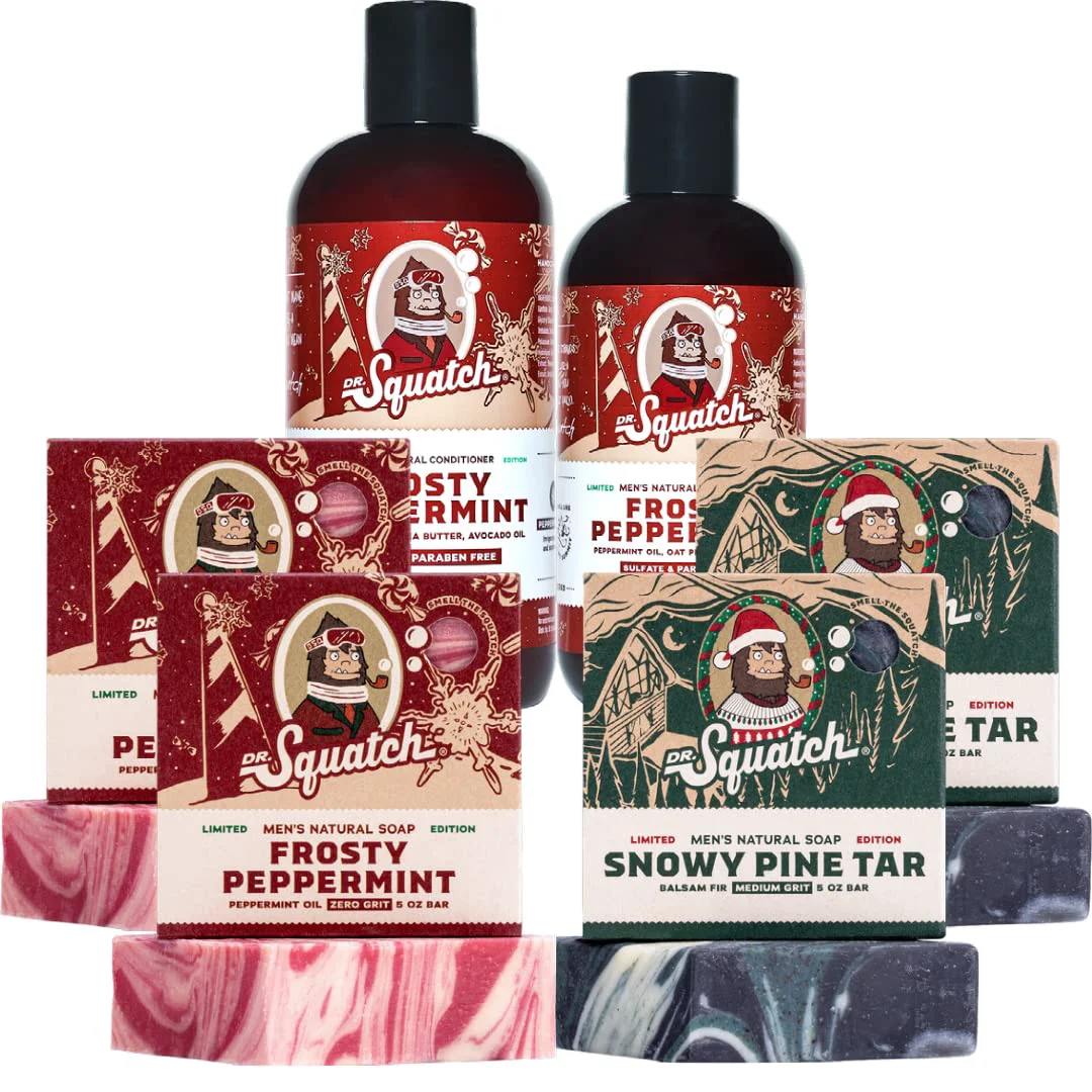 Optimized Dr. Squatch Men's Natural Soap and Hair Care - Snowy Pine Tar and Frosty Peppermint Shampoo and Conditioner - Blizzard Expanded Pack - Limited Edition Sophisticated