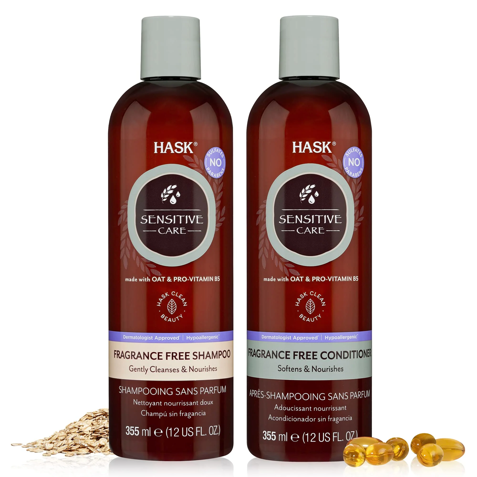 Luxury HASK Sensitive Care Shampoo Conditioner Set Fragrance- Paraben- Sulfate- Gluten- Vegan Cruelty- Color Safe 12oz each Clean