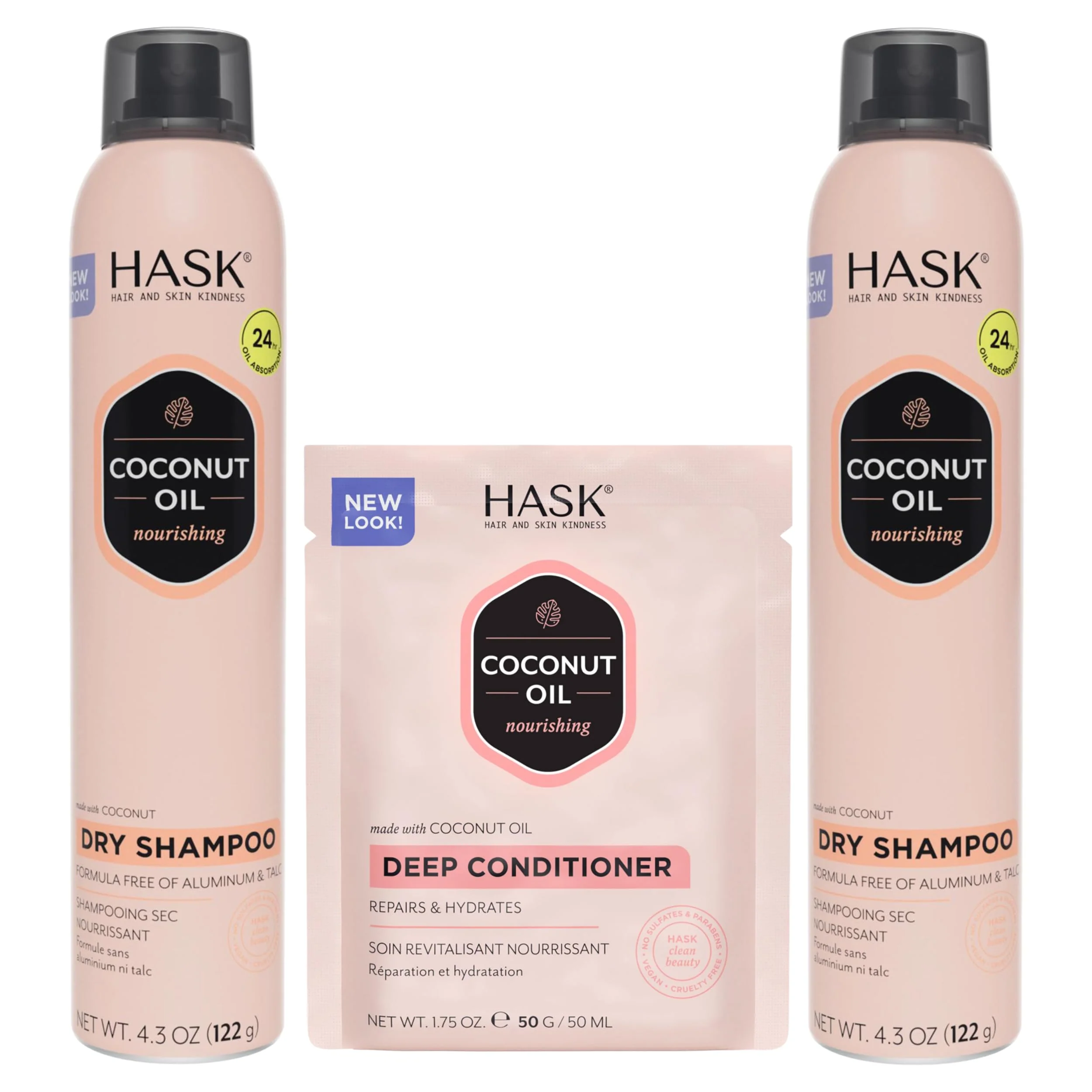 Genuine HASK Dry Shampoo Duo 4.3oz-Qty 2 Deep Conditioner Packette Aluminum- Sulfate- Paraben- Color Safe for All Hair Types Coconut Flexible