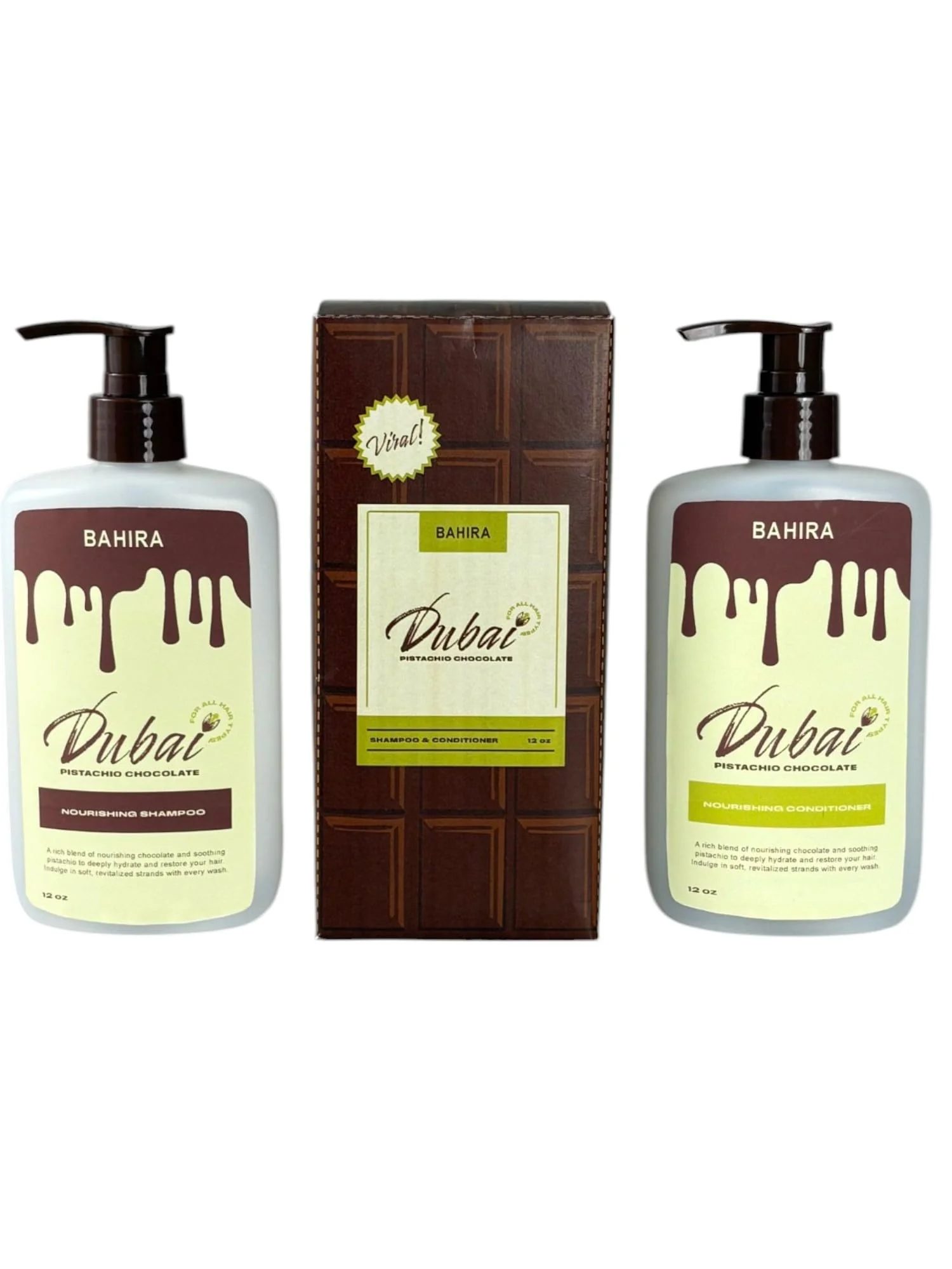Pure BAHIRA Dubai Chocolate Pistachio 8oz Shampoo Conditioner Bundle Nourishing Hydrating Moisturizing Infused with Pistachio Oil and Cocoa Premium Material