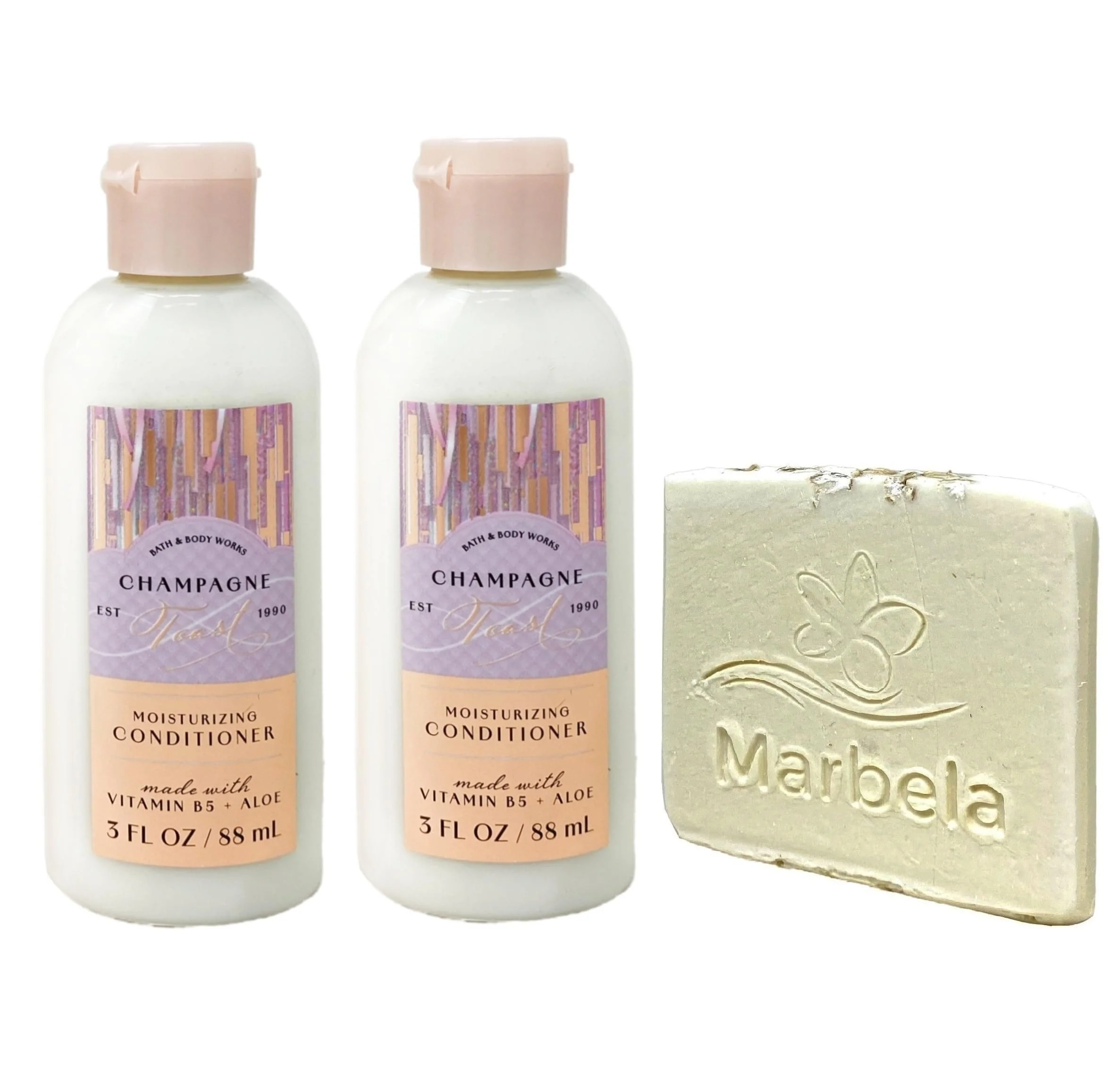 Long-Lasting Bath Body Works Champagne Toast 2 Pack Mini Moisturizing Conditioner Bundle with a Natural Oats Sample Soap - Travel Size Stylish