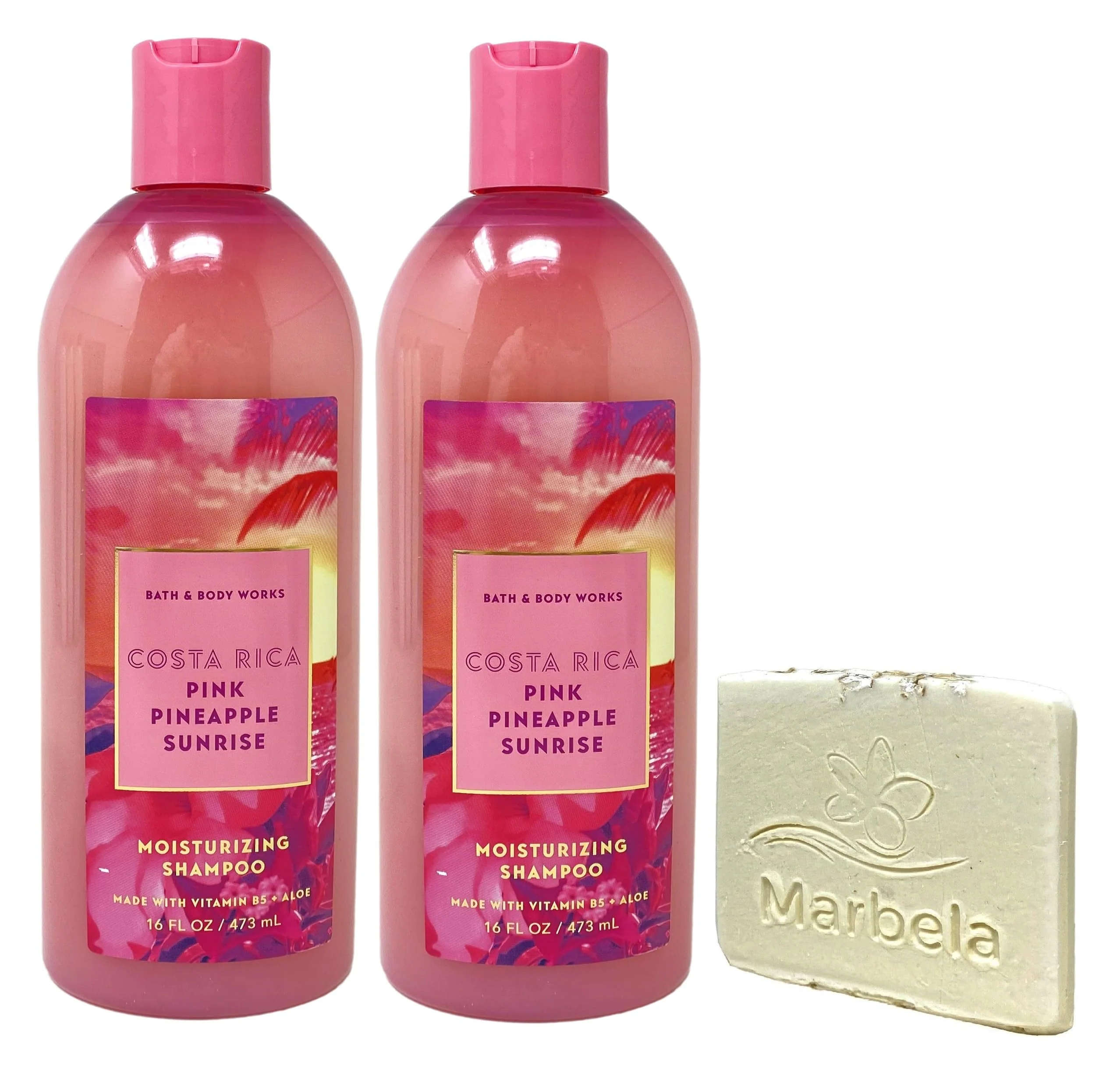 Official Bath Body Works Costa Rica Pink Pineapple Sunrise 2 Piece Moisturizing Shampoo Set with a Marbela Natural Oats Sample Soap Fine Crafted